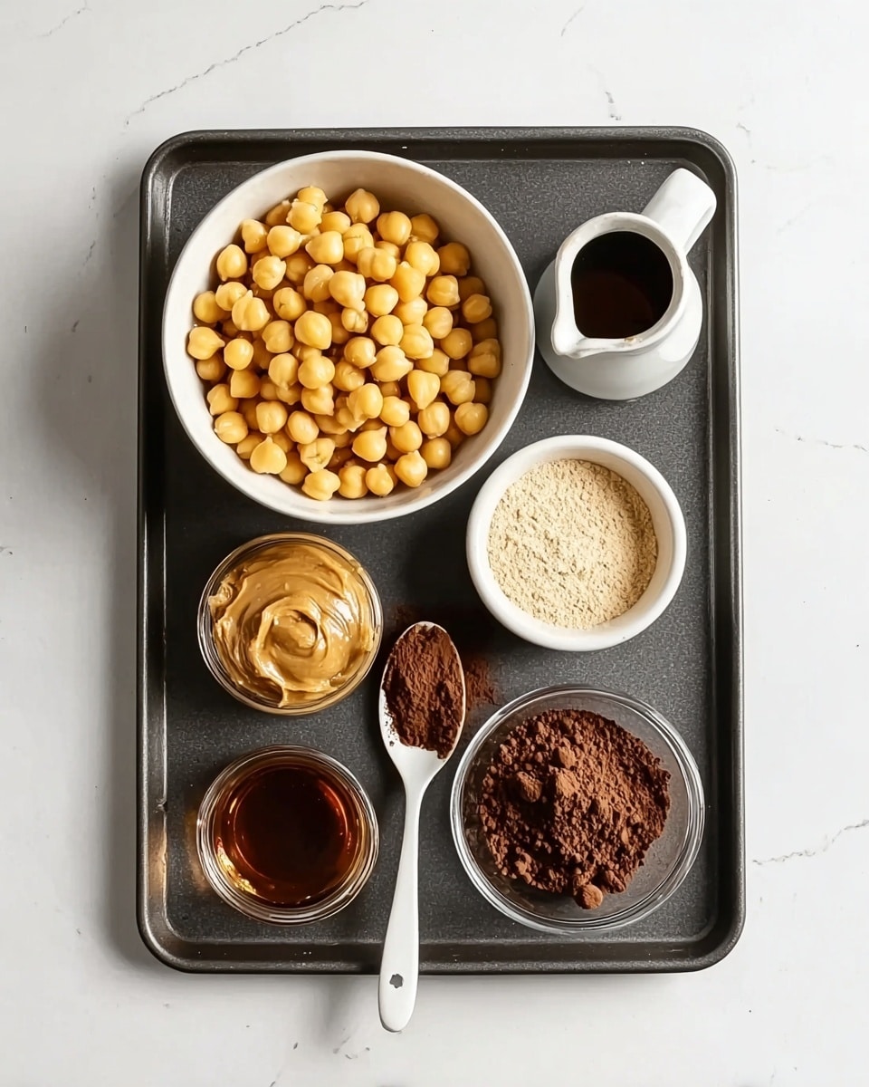 The image shows a dark baking tray with six items neatly placed on it. At the top left is a large white bowl filled with light yellow chickpeas. To the top right, there is a small white pitcher with a dark brown liquid inside. Below the chickpeas, there is a small white bowl filled with a pale beige powder. On the bottom left sits a small round container holding light brown peanut butter with a smooth texture. Next to it is another small clear glass container with a dark amber liquid. At the center bottom is a white spoon holding a firm dark brown cocoa powder mound. All of this is on a white marbled surface. Photo taken with an iphone --ar 4:5 --v 7