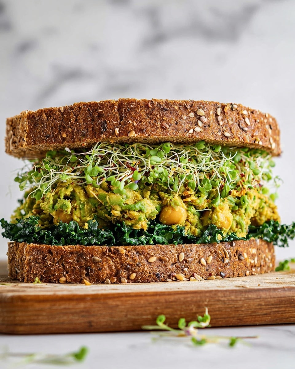 The image shows a sandwich with two thick slices of brown whole grain bread sprinkled with seeds. Inside, there are three visible layers: the bottom layer is a bed of dark green leafy kale, the middle layer is a textured, chunky green chickpea mash with bits of chickpeas and some reddish seasoning, and the top layer is a pile of fresh, light green sprouts. The sandwich rests on a wooden board, and the backdrop is a white marbled texture. Photo taken with an iphone --ar 4:5 --v 7