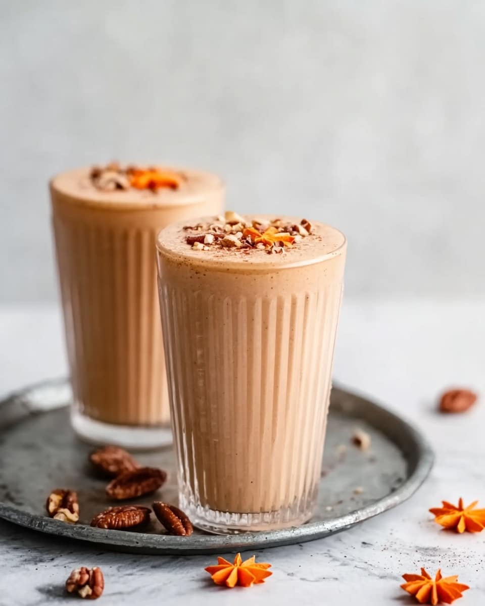 Two clear glasses filled with a light brown creamy drink, each topped with a sprinkle of small nut pieces and a few star-shaped orange decorations. The glasses are ribbed vertically, standing side by side on a small dark gray metal tray, with some nut pieces and decorations scattered around it. The background is a soft white marbled surface. The focus is on the front glass with a slightly blurred glass behind it, creating a simple and clean look. Photo taken with an iphone --ar 4:5 --v 7