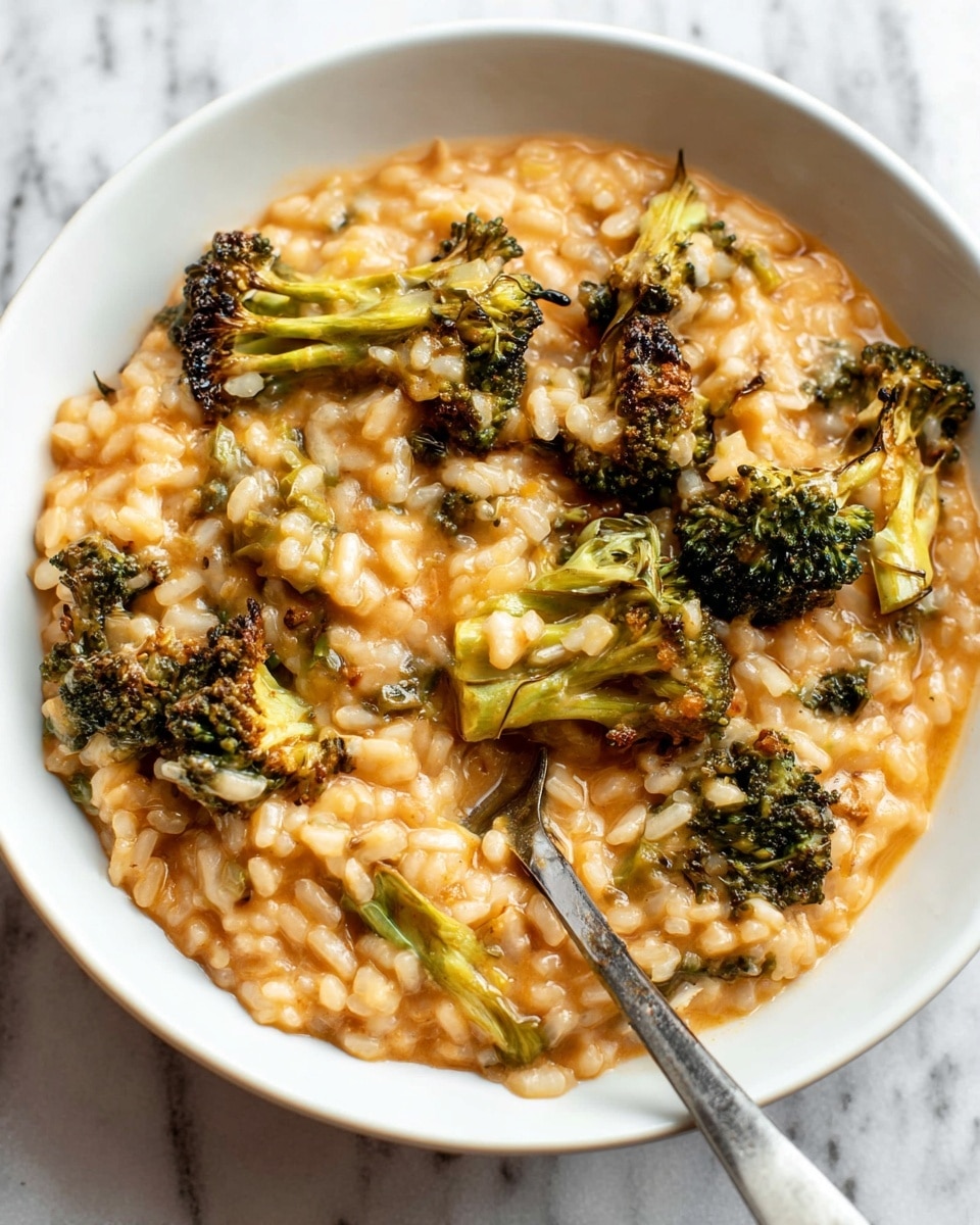 A white bowl filled with a thick, creamy orange risotto mixed with roasted green broccoli florets, some of which have a slightly charred texture. The risotto grains look soft and plump, coated in a smooth sauce. A silver spoon rests inside the bowl, partially submerged, showing the mix of rice and broccoli. The bowl sits on a white marbled surface. photo taken with an iphone --ar 4:5 --v 7