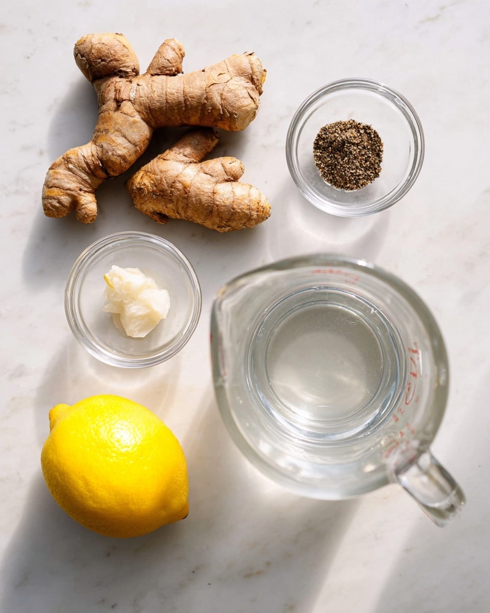The image shows ingredients placed on a white marbled surface. On the left side, there are three brown turmeric roots, each with rough, textured skin. Below them, two small clear glass bowls hold black pepper and a white solid fat. In the center, there is a bright yellow lemon with a smooth texture. To the right, there is a clear glass measuring cup filled with water, showing the round layers and handle clearly. The scene is well lit with soft natural light, focusing on the earthy colors and textures of the ingredients. photo taken with an iphone --ar 4:5 --v 7