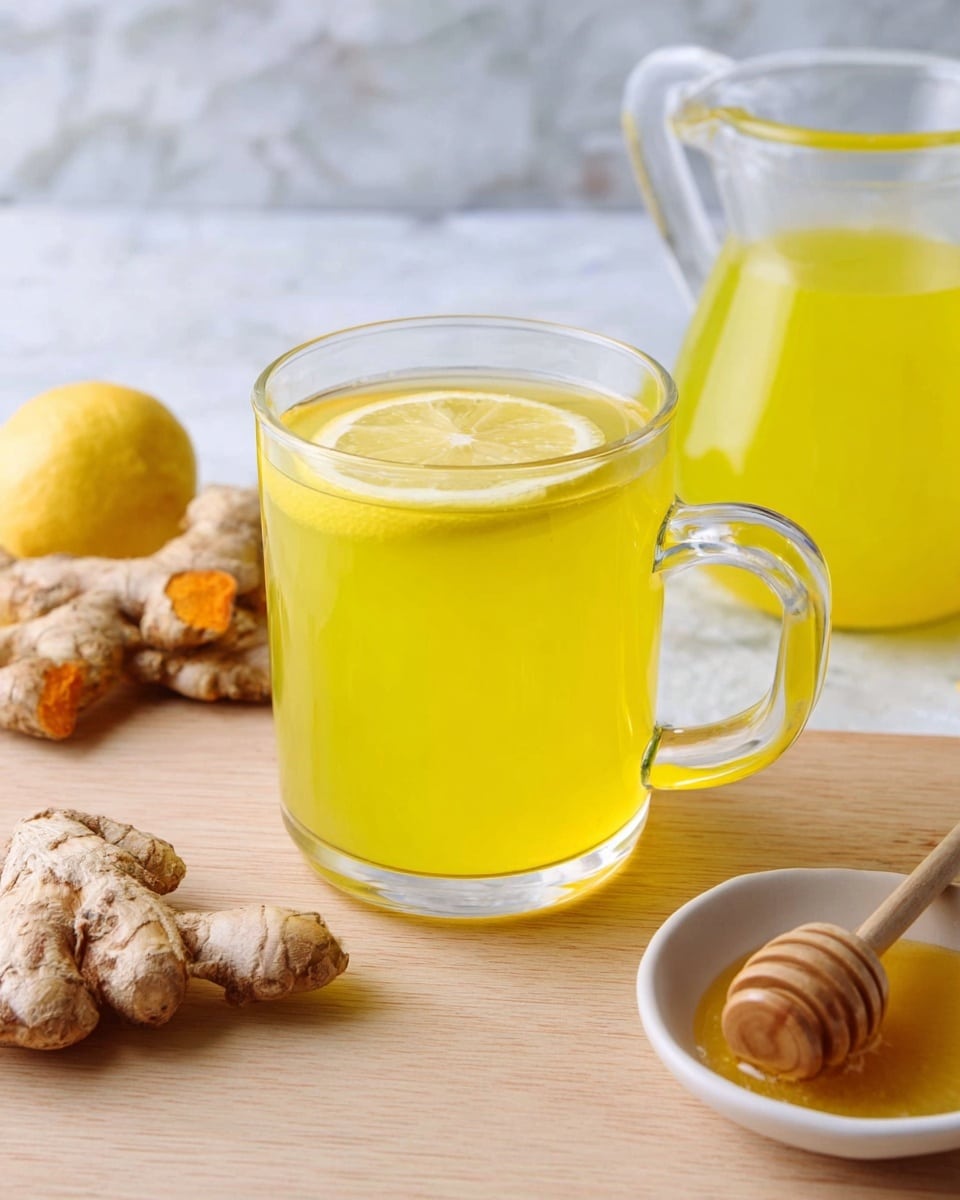 A clear glass mug filled with bright yellow liquid, topped with a thin slice of lemon floating on the surface, is placed on a light wood surface. Behind it, there is a clear glass pitcher carrying the same yellow liquid. To the right, a small white bowl holds golden honey with a wooden honey dipper resting inside. In the foreground on the left, a piece of pale brown ginger root lies on the wood surface, while some turmeric roots with rough skin are slightly blurred in the background. The scene is set against a white marbled texture photo taken with an iphone --ar 4:5 --v 7