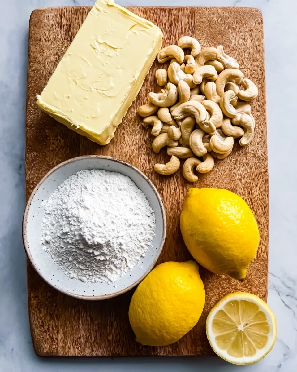 A wooden board sits on a white marbled surface, holding four main items: a rectangular block of pale yellow butter with some soft marks on the surface in the top left corner, a large pile of light brown cashew nuts with a smooth texture in the top right corner, a round white bowl filled with fine white powder positioned in the bottom left corner, and two bright yellow lemons in the bottom right corner one whole and one lemon half showing the juicy segmented inside. Photo taken with an iphone --ar 4:5 --v 7