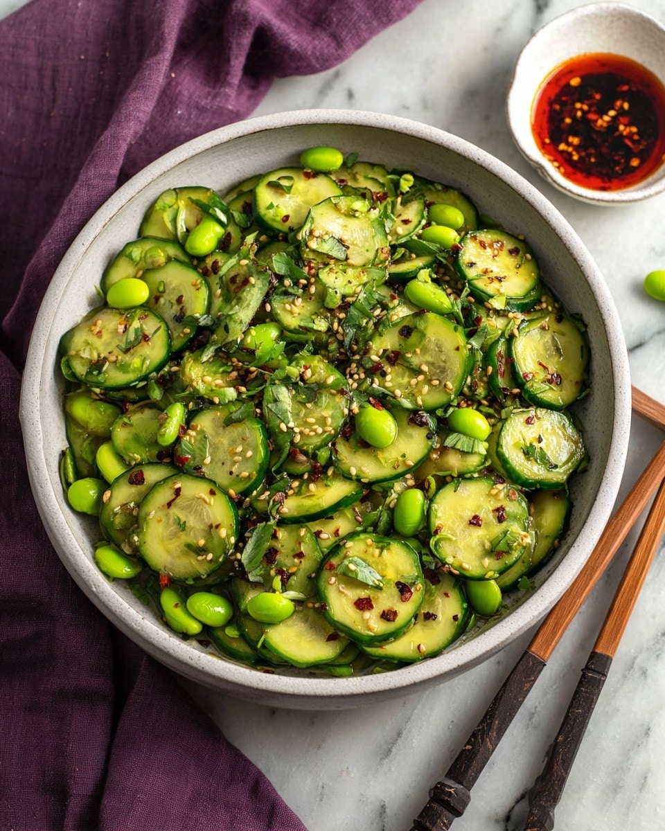 A white bowl filled with thin green cucumber slices layered evenly, mixed with bright green edamame beans scattered on top, and chopped green herbs adding a fresh touch. The salad is sprinkled with black and white sesame seeds and small red chili flakes, giving a textured look. The dish is placed on a white marbled surface with a purple cloth draped beside it, and a small white bowl with red chili oil sits nearby along with a pair of chopsticks with brown and black handles. Photo taken with an iphone --ar 4:5 --v 7