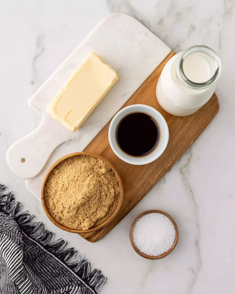 The image shows a flat lay of ingredients on a white marbled surface. At the top right, there is a white wooden cutting board with a small white bowl of dark liquid near the center, and a glass milk bottle filled with white milk on the right side of the board. To the left of the cutting board, there is a stick of pale yellow butter placed directly on the marble. At the bottom left, a round wooden bowl filled with light brown sugar is close to a black and white striped cloth with fringes at the bottom edge of the image. Near the bottom right of the cutting board, a small white bowl with white coarse salt is visible. The photo taken with an iphone --ar 4:5 --v 7
