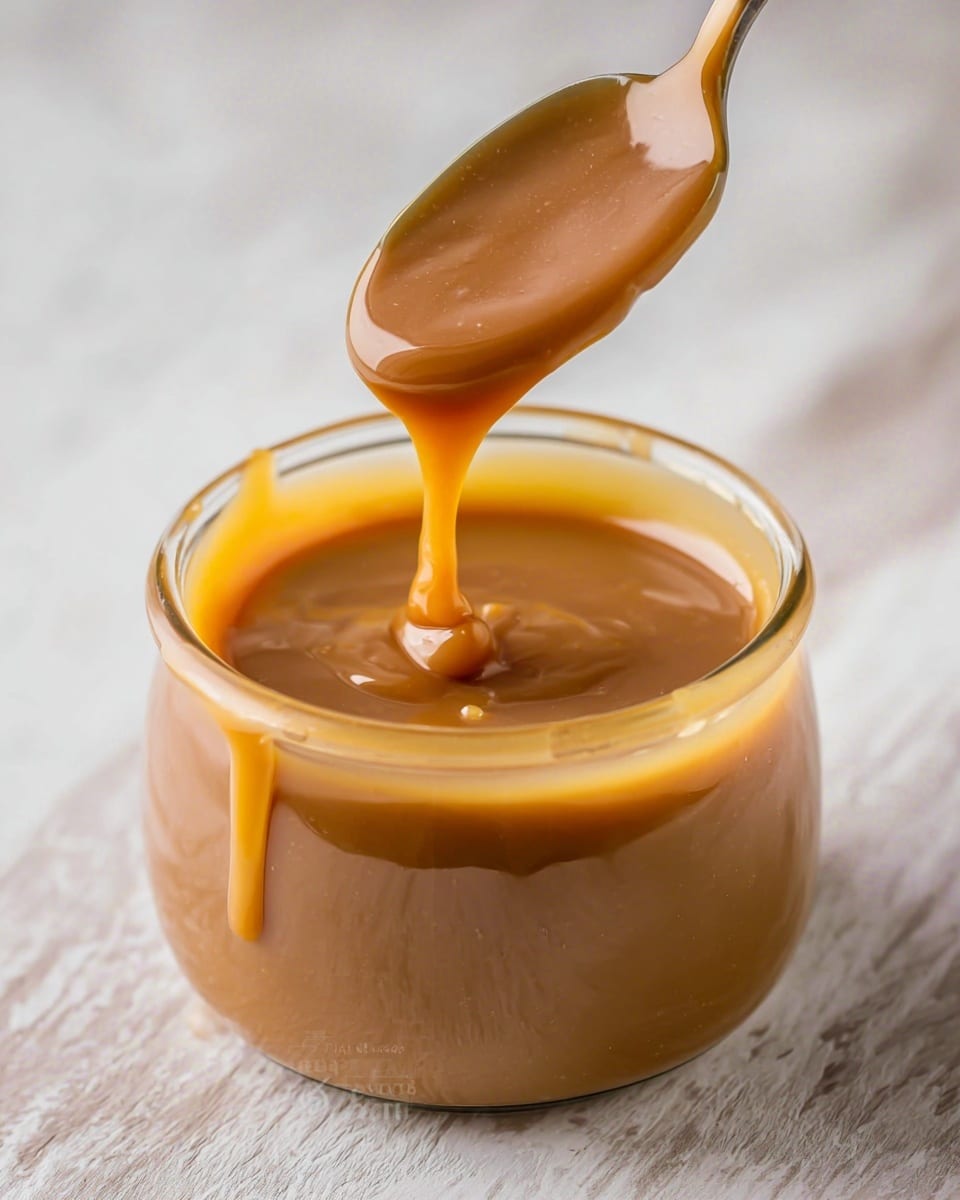 A clear glass jar filled with smooth, shiny caramel sauce in a rich golden brown color. A metal spoon is dipped into the jar, lifting caramel with a thick, flowing texture that drips slowly back into the jar. The jar sits on a white marbled surface, with the caramel inside glowing warmly under soft light. The focus is close up, showing the smooth, creamy texture and the glossy shine on the caramel. photo taken with an iphone --ar 4:5 --v 7