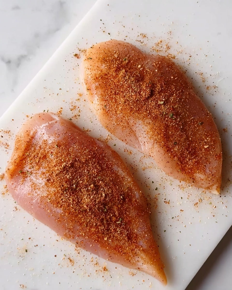 Two raw chicken fillets are placed side by side on a white cutting board, each sprinkled with a reddish-brown spice mix that gives a textured, dusty look on the pale pink surface of the meat. The cutting board rests on a white marbled surface, making the colors of the chicken and spices stand out clearly. Photo taken with an iphone --ar 4:5 --v 7