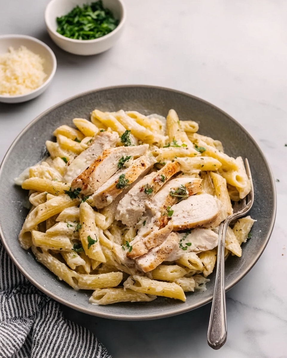 A gray bowl on a white marbled surface holds creamy penne pasta mixed with a light yellow sauce. Slices of cooked chicken rest on top of the pasta, lightly browned on the edges. Small green herb pieces are sprinkled over the dish. A silver spoon is placed inside the bowl, leaning against the pasta. In the background, there are two small white bowls, one with green chopped herbs and the other with grated cheese. A striped cloth napkin is partially visible at the bottom right corner. Photo taken with an iphone --ar 4:5 --v 7