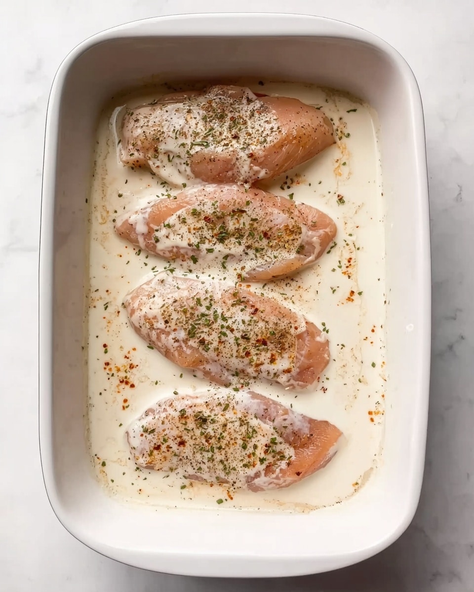 A white rectangular baking dish holds four raw chicken breasts submerged in a creamy white sauce that covers most of the meat. The chicken pieces are light pink with some seasoning sprinkled on top, visible as small specks of green herbs and brown spices. The sauce looks smooth and thick, with some bits of seasoning floating in it. The baking dish sits on a white marbled surface. photo taken with an iphone --ar 4:5 --v 7