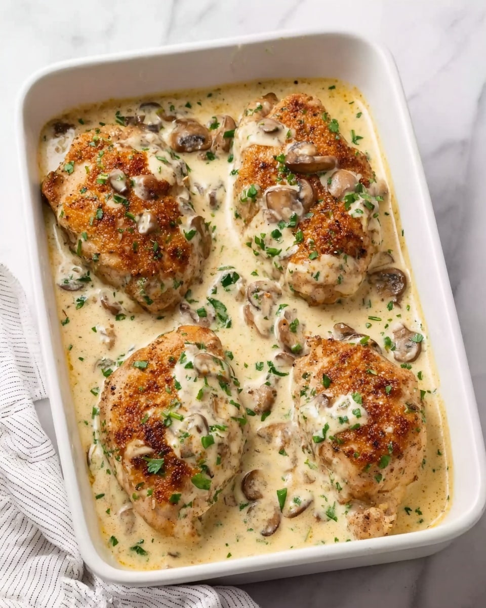 A white rectangular dish holds four large pieces of cooked meat covered in a thick cream sauce with small bits of mushrooms and green herbs scattered on top and mixed into the sauce. The meat pieces have a golden brown crust on top and are arranged in two rows of two, partially covered by the creamy sauce that fills the dish. The dish is placed on a white marbled surface with a light striped cloth partly visible at the lower left corner. The textures of the sauce look smooth and creamy, contrasting with the slightly crispy texture of the meat photo taken with an iphone --ar 4:5 --v 7