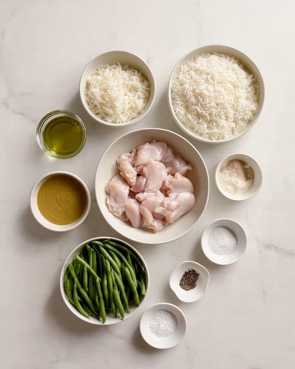 The image shows eight white bowls and cups arranged neatly on a white marbled surface. In the center, a white bowl holds pieces of raw chicken, pale pink in color with smooth texture. Above it to the right, a white bowl is filled with fluffy white rice. Below the chicken, another white bowl is filled with fresh green beans that are long and crisp. Around these main bowls, smaller white bowls and cups contain various ingredients: a small bowl with a thick yellow mustard sauce at the bottom left, a cup with clear greenish oil at the top left, and a cup with light brown liquid just below the oil. To the right of these, three small bowls hold white powders and a light-colored liquid, and a small bowl at the bottom right has black pepper and salt. The colors are soft and natural, with a clean and organized look. Photo taken with an iphone --ar 4:5 --v 7