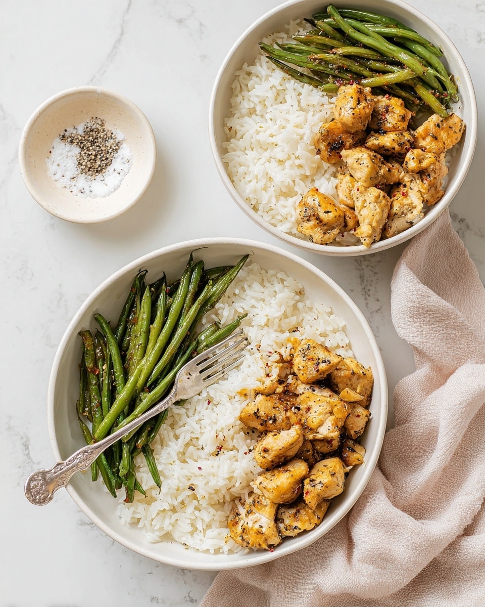 Two white bowls sit on a white marbled surface, each filled with three layers: white cooked rice at the bottom, green cooked green beans arranged on one side, and golden-brown cooked chicken pieces lightly speckled with black pepper on the other side. A silver fork rests on the rice in the bowl closest to the camera. Above the bowls is a small white bowl with coarse salt and cracked black pepper. A light beige cloth napkin is positioned on the right edge of the image. Photo taken with an iphone --ar 4:5 --v 7