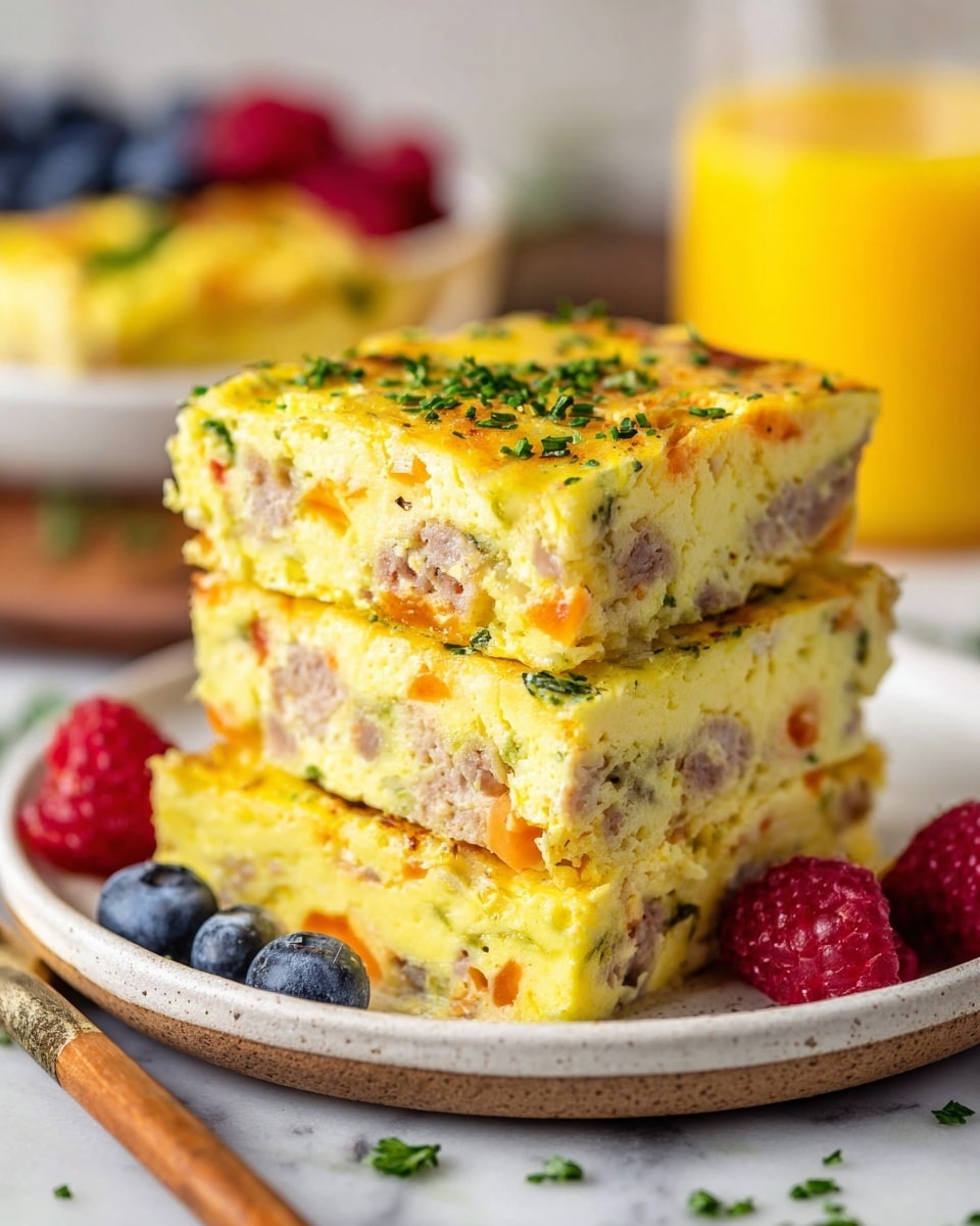 Three square layers of a yellow egg casserole with pieces of light brown meat and orange vegetables are stacked on a small white plate. The top layer is sprinkled with finely chopped green herbs. The casserole has a soft and thick texture, with visible chunks inside. The plate sits on a white marbled surface, with blueberries and raspberries in the background, a glimpse of a glass of orange juice, and a wooden-handled spoon resting next to the plate. Photo taken with an iphone --ar 4:5 --v 7