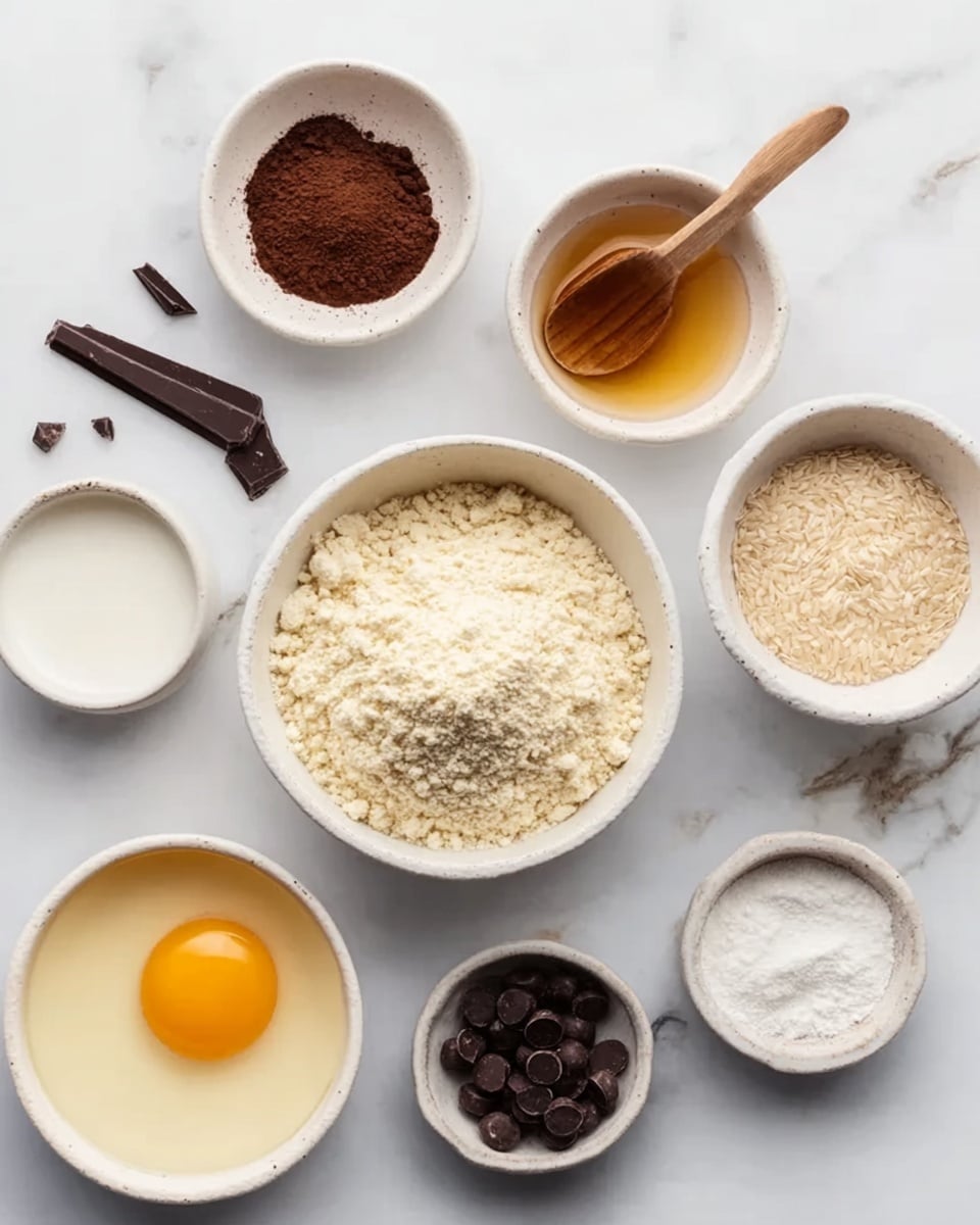 The image shows several small white bowls arranged in a loose circular pattern on a white marbled surface. In the largest bowl at the center is a pale, crumbly powder. Surrounding it are smaller bowls, each containing different ingredients: a dark brown powder with a small wooden spoon resting inside, a clear golden liquid, a smooth white powder, creamy white liquid, shiny dark brown round pieces, a raw egg with a bright yellow yolk, a pale powder with a wooden spoon, and a few coarse white grains. The textures vary from powdery to liquid and smooth to chunky. Photo taken with an iphone --ar 4:5 --v 7