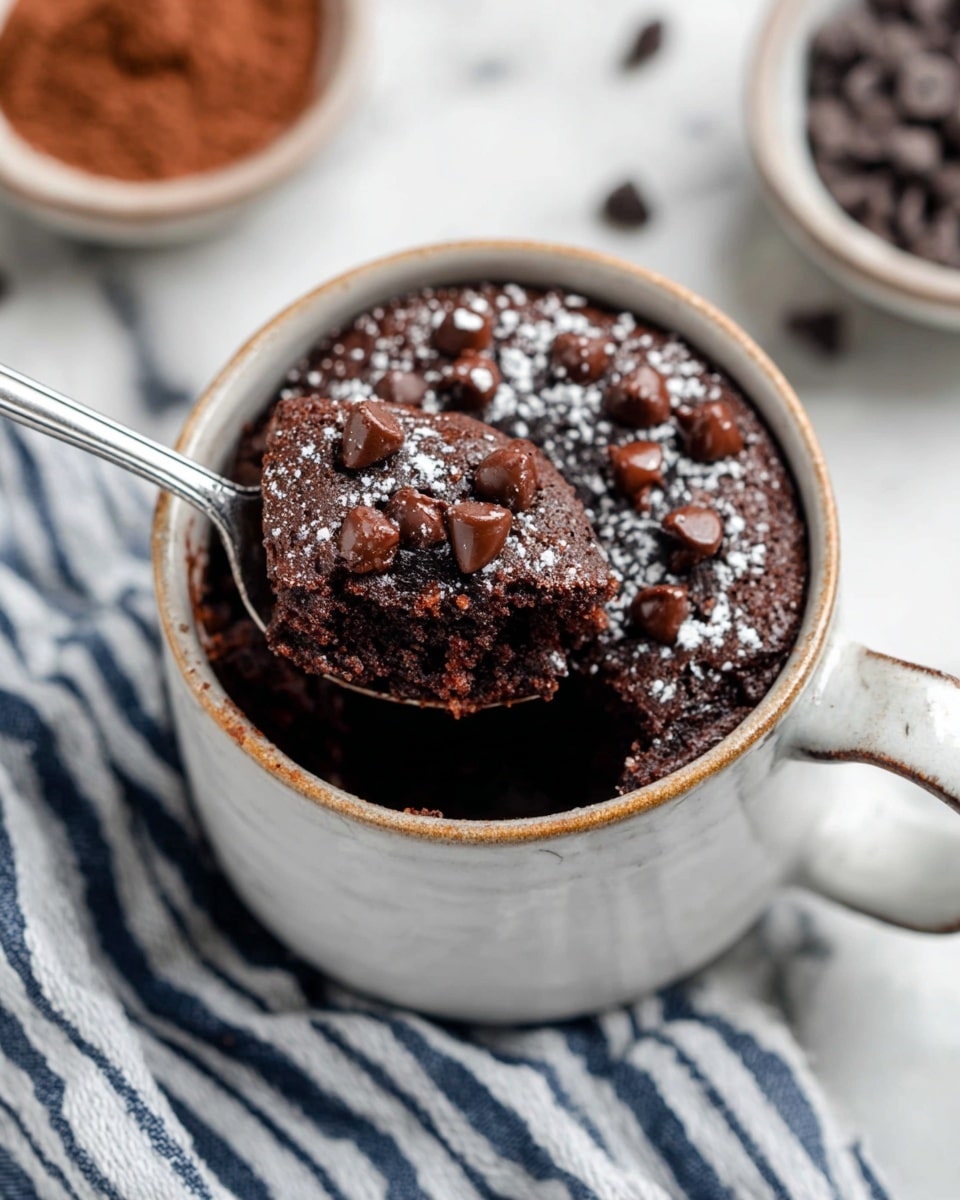A single layer of dark brown, soft chocolate cake sits inside a white mug with a slight rustic rim. The top of the cake is dotted with melted chocolate chips that shine softly, and sprinkled with a fine dusting of white powdered sugar. A silver spoon is lifting a spoonful showing the moist and crumbly texture of the cake along with some chocolate chips. The mug is placed on a white marbled surface with a blue and white striped cloth beneath it, and blurred bowls filled with chocolate chips and cocoa powder are visible in the background. photo taken with an iphone --ar 4:5 --v 7