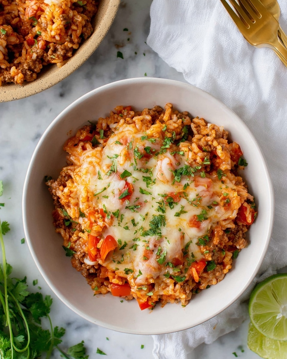 A white bowl filled with a layered dish of cooked rice mixed with browned ground meat and diced red bell peppers, topped with melted light golden cheese and sprinkled with chopped green herbs. The rice mixture is moist and has a reddish tint from the sauce, while the cheese melts unevenly across the top, creating a creamy texture. The bowl sits on a white marbled surface next to a white cloth napkin with two gold forks resting on it, and there is some green parsley and a lime wedge partially visible nearby. Photo taken with an iphone --ar 4:5 --v 7