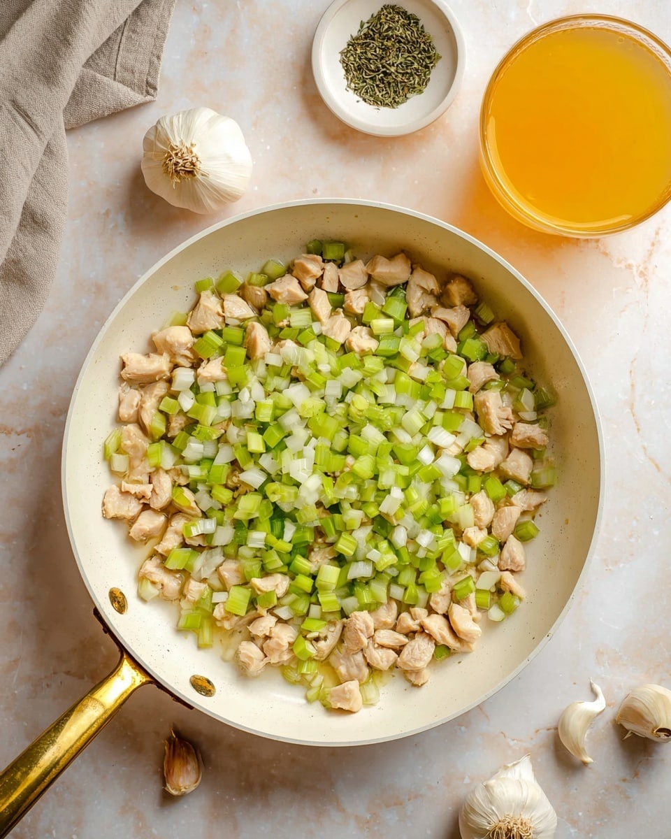 A white pan with a golden handle holds a mix of small, light beige cooked chicken pieces at the base, topped with a layer of chopped green celery and white onion pieces scattered evenly, showing a fresh and slightly textured look. Around the pan on a white marbled surface, there is a glass filled with yellow-orange broth, two whole garlic bulbs, a few garlic cloves, and a small white dish with green dried herbs, adding to the cooking scene. The photo taken with an iphone --ar 4:5 --v 7