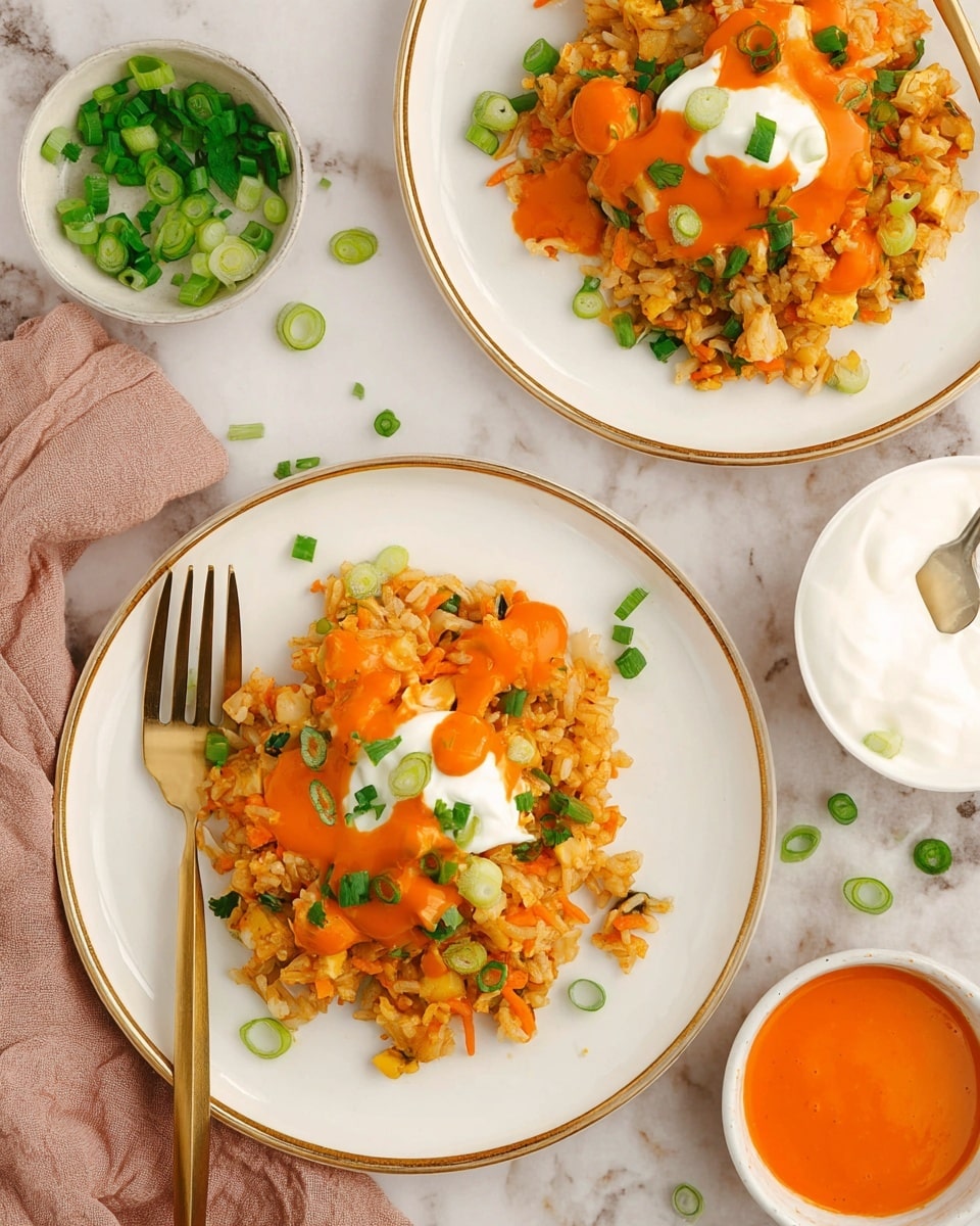 The image shows two white plates with a golden edge on a white marbled surface. Each plate holds a serving of rice mixed with small orange shredded vegetables and bits of light-colored meat, topped with bright orange sauce, a dollop of white sour cream, and sprinkled with chopped green onions and parsley. There is a gold fork on the plate in the front. Next to the plates is a white bowl filled with smooth bright orange sauce and a small bowl of chopped green onions, scattered around the scene. photo taken with an iphone --ar 4:5 --v 7