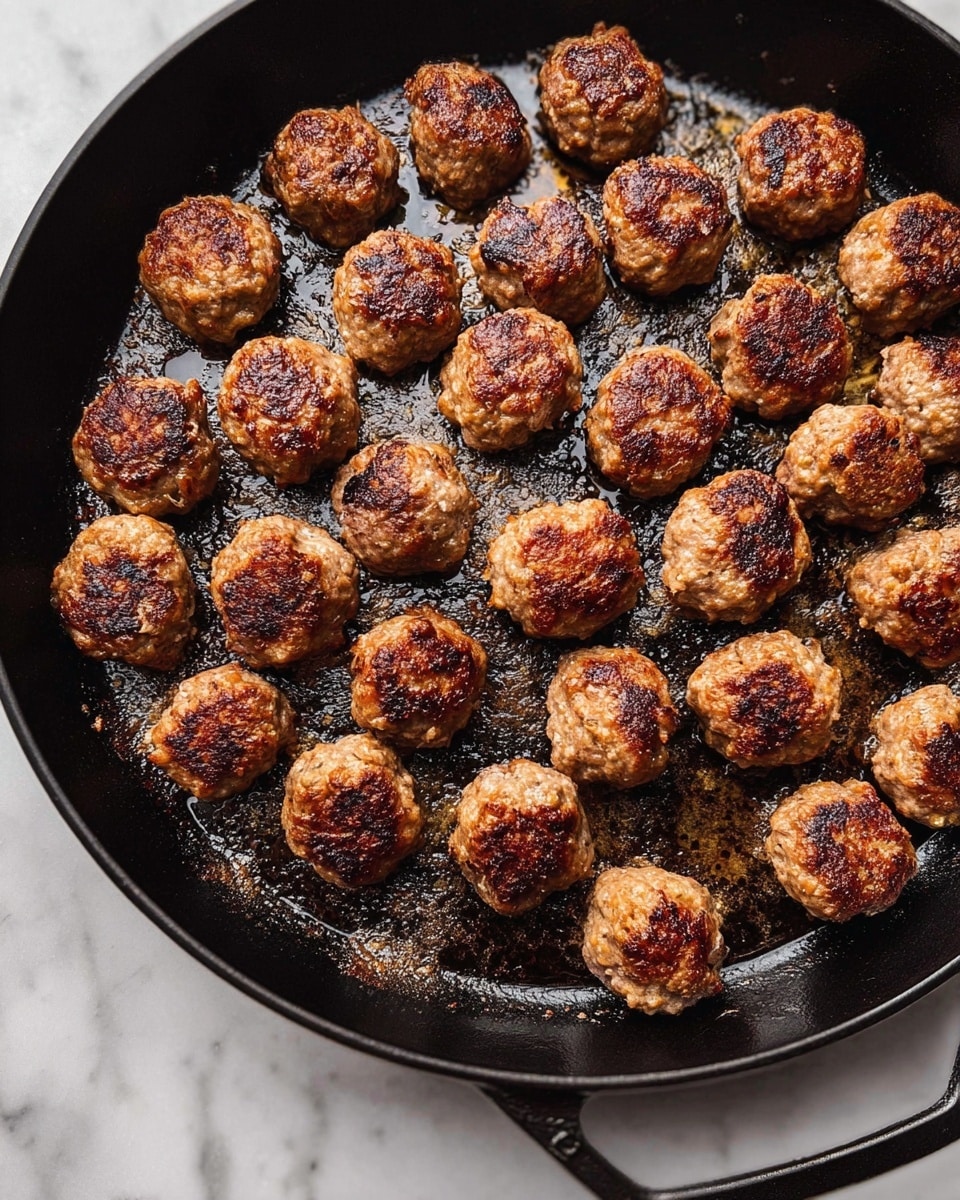 The image shows a black cast iron pan filled with about five dozen small, cooked meatballs evenly spread across the pan surface. Each meatball is round and has a browned, crispy texture with darker spots from cooking. The pan has some glistening oil and small bits of browned crust around the meatballs, giving a shiny appearance. The background is a white marbled texture. photo taken with an iphone --ar 4:5 --v 7