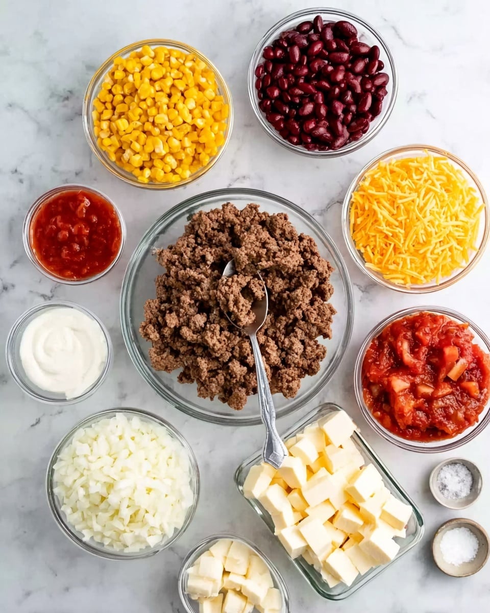 The image shows several clear glass bowls arranged on a white marbled surface. At the center is a bowl filled with cooked, crumbled ground beef. Surrounding it are bowls with different ingredients: yellow corn kernels, red kidney beans, chopped tomatoes in red sauce, finely chopped white onions, shredded orange cheddar cheese in a rectangular glass dish, small white cheese cubes in a round bowl, creamy beige sour cream in a curved bowl, and salt and black pepper in two small dishes. A woman's hand holds a metal spoon, about to scoop some of the cooked beef. Photo taken with an iphone --ar 4:5 --v 7