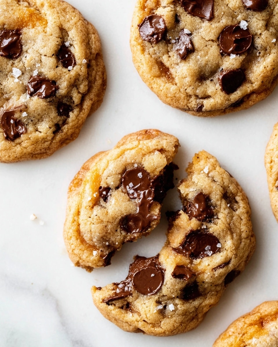 The image shows four chocolate chip cookies on a white marbled surface. Each cookie is round with a light golden-brown color and a slightly cracked texture. The chocolate chips are scattered unevenly on top, appearing melted and glossy, with some chips deeper brown and partially sunken into the cookie. One cookie has a bite taken out of it, revealing a soft, chewy inside with a slightly darker brown interior. There are tiny salt flakes sprinkled on some cookies, adding a touch of white contrast. The overall look is warm, inviting, and homemade. photo taken with an iphone --ar 4:5 --v 7