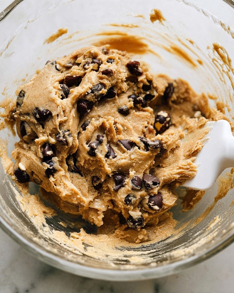 A close-up view of cookie dough inside a clear glass bowl, showing a thick, soft, brown dough mixed with dark brown chocolate chips and small pieces of nuts scattered throughout. The dough has a rough, slightly sticky texture with some areas pushed against the bowl's sides. A white spatula is partially visible on the right edge, covered with some dough. The bowl rests on a white marbled surface. photo taken with an iphone --ar 4:5 --v 7