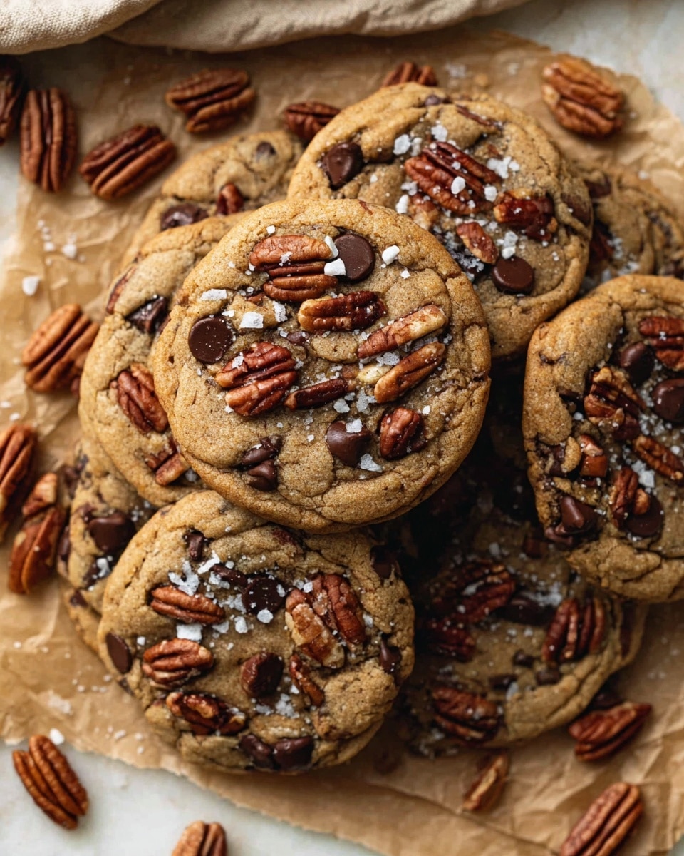 A close-up top view of a stack of round cookies on a piece of brown parchment paper over a white marbled surface. Each cookie has a light brown, slightly textured dough base topped with dark brown chocolate chips and medium brown pecan halves and pieces scattered evenly on top. Some small white flakes of salt are visible on the surface of the cookies and pecans, adding extra detail. Extra pecan pieces are also scattered around the cookies on the parchment paper. photo taken with an iphone --ar 4:5 --v 7