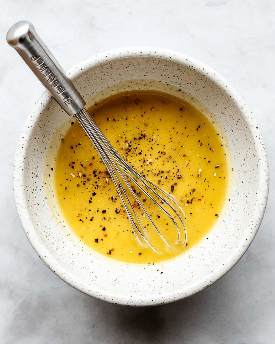 A white speckled bowl filled with a smooth, golden yellow sauce or dressing with a slightly glossy texture, speckled with small black pepper flakes on top. Inside the bowl, a small silver whisk with thin wire loops lays partially submerged on the right side. The bowl sits on a white marbled surface. photo taken with an iphone --ar 4:5 --v 7