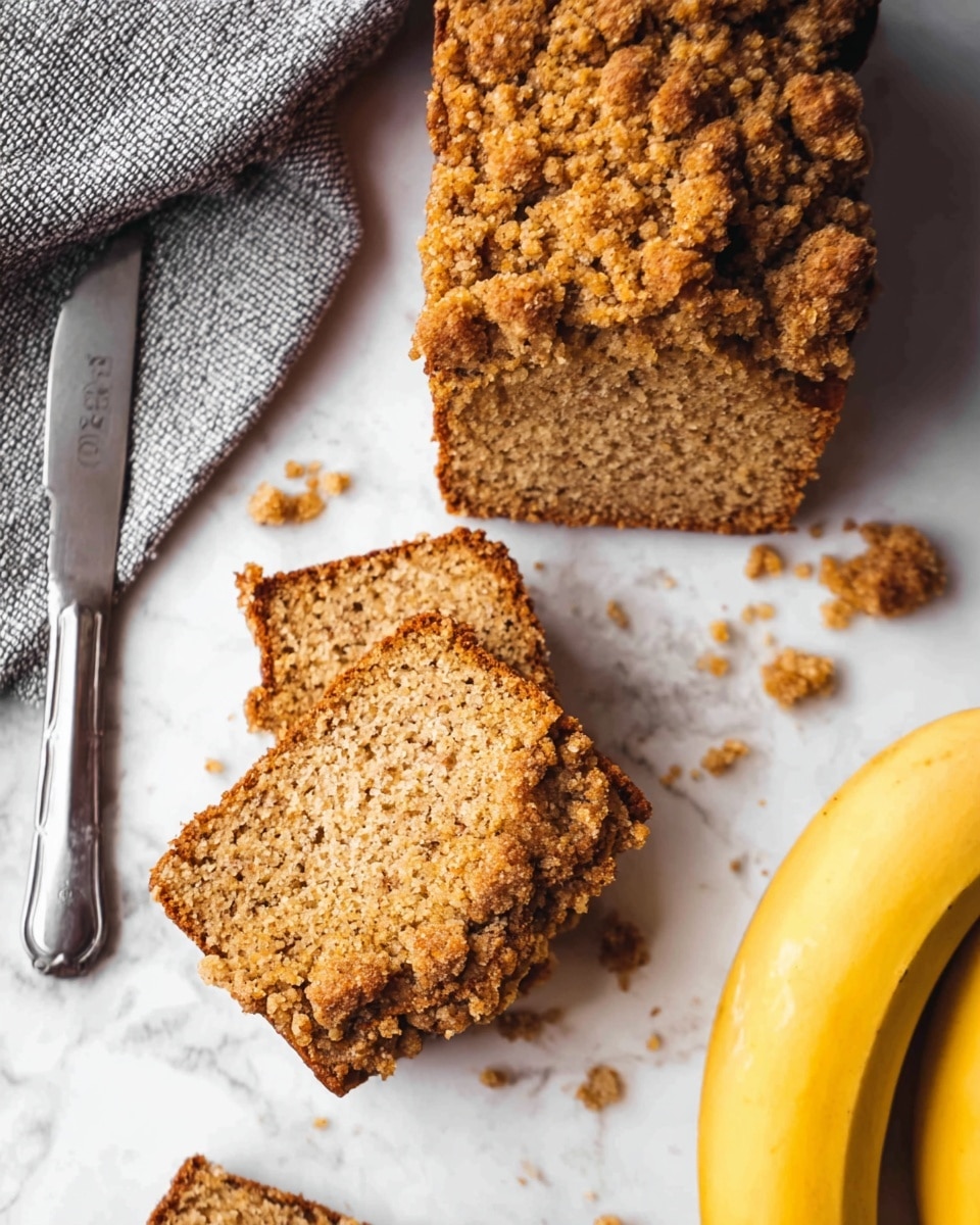 The image shows two slices of brown crumb cake with a rough, crumbly texture on top and a soft, speckled inside, placed on a white marbled surface. One slice is lying flat while the other leans slightly on top, revealing the inside part. There are loose crumbs scattered around the slices. To the right, there are two whole yellow bananas with slight dark lines. On the left, a silver butter knife rests beside a grey textured cloth, adding to the casual setting. photo taken with an iphone --ar 4:5 --v 7