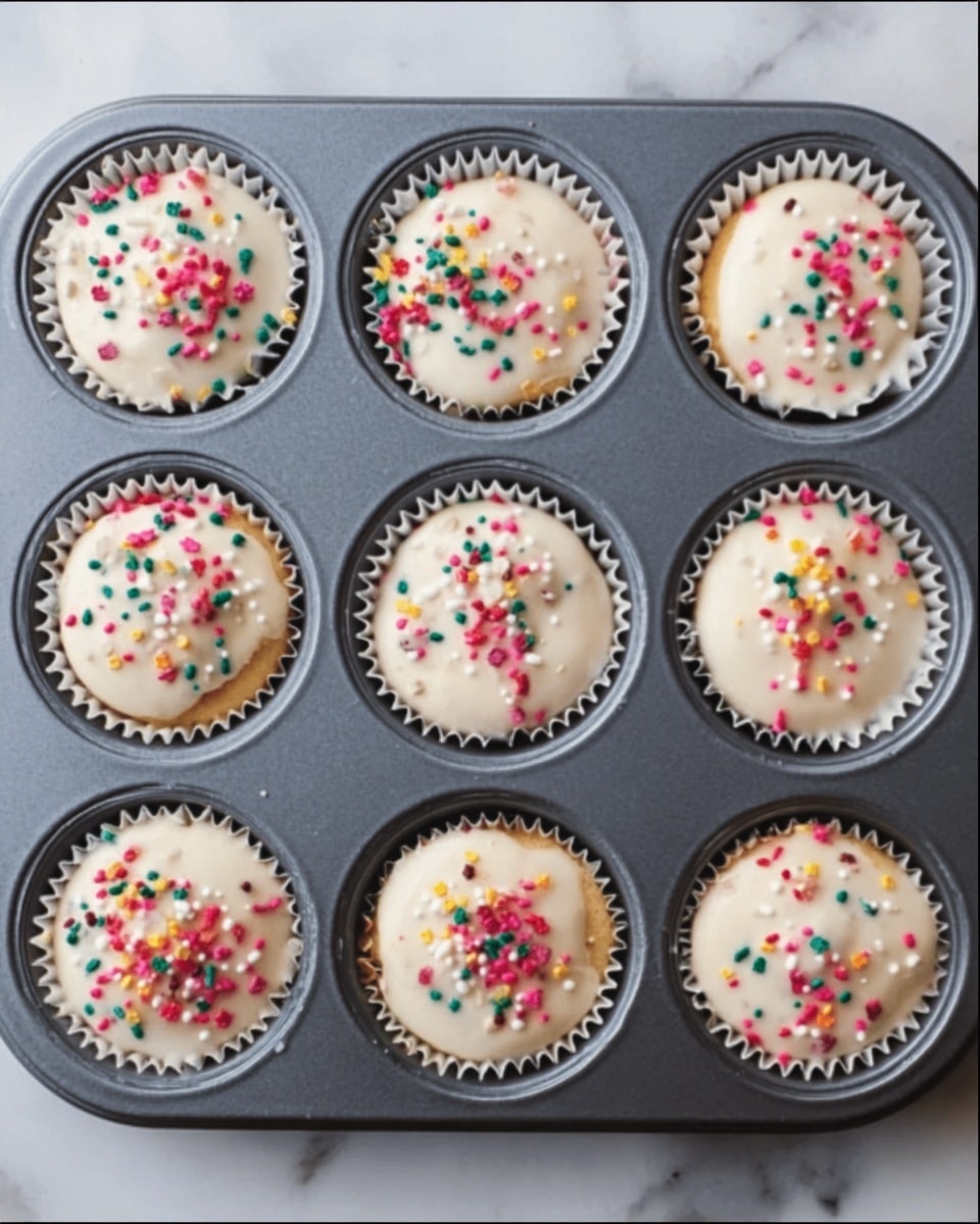 Nine cupcakes sit in a dark gray metal muffin tray, each topped with a smooth, off-white frosting sprinkled with colorful tiny sprinkles in red, green, yellow, and pink. The cupcake liners are white, creating a clean look against the light muffins. The background surface is a white marbled texture that adds a soft, elegant feel to the arrangement. photo taken with an iphone --ar 4:5 --v 7