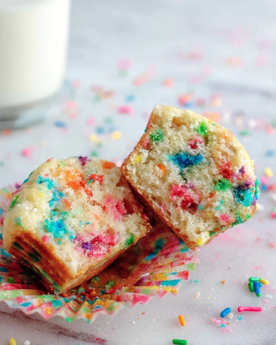 The image shows a colorful muffin broken into two pieces, placed on a white marbled surface with scattered rainbow sprinkles around it. The muffin has a soft, light beige inside filled with bright spots of pink, blue, green, orange, and red sprinkles. The muffin liner is partially visible beneath the pieces and has matching specks of color. In the background, there is a blurred white cup filled with milk. The focus is sharp on the broken muffin pieces, highlighting the texture and colorful sprinkles. Photo taken with an iphone --ar 4:5 --v 7