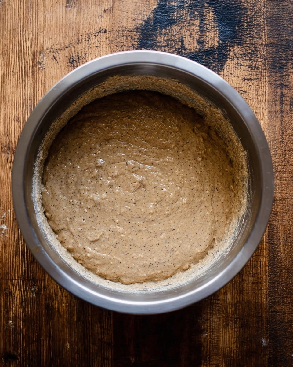 A top view of a large silver metal mixing bowl filled with a single layer of light brown thick batter mixed with small dark specks, spread evenly inside. The bowl sits on a wooden table with some dark marks and scratches. The batter has a soft, grainy texture. No other food or utensils are visible in the frame. Photo taken with an iphone --ar 4:5 --v 7