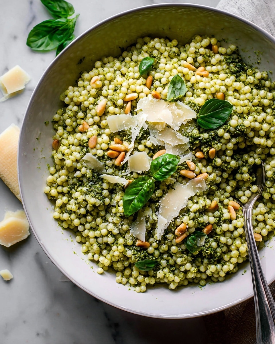 A white bowl filled with small, round green pearls of couscous mixed with pesto, topped with light brown pine nuts, green basil leaves, and thin shavings of pale yellow cheese scattered across the surface. The texture of couscous looks soft and slightly glossy. A silver spoon is partially visible on the right side inside the bowl. The bowl is placed on a white marbled surface with scattered cheese and a couple of basil leaves around it. Photo taken with an iphone --ar 4:5 --v 7