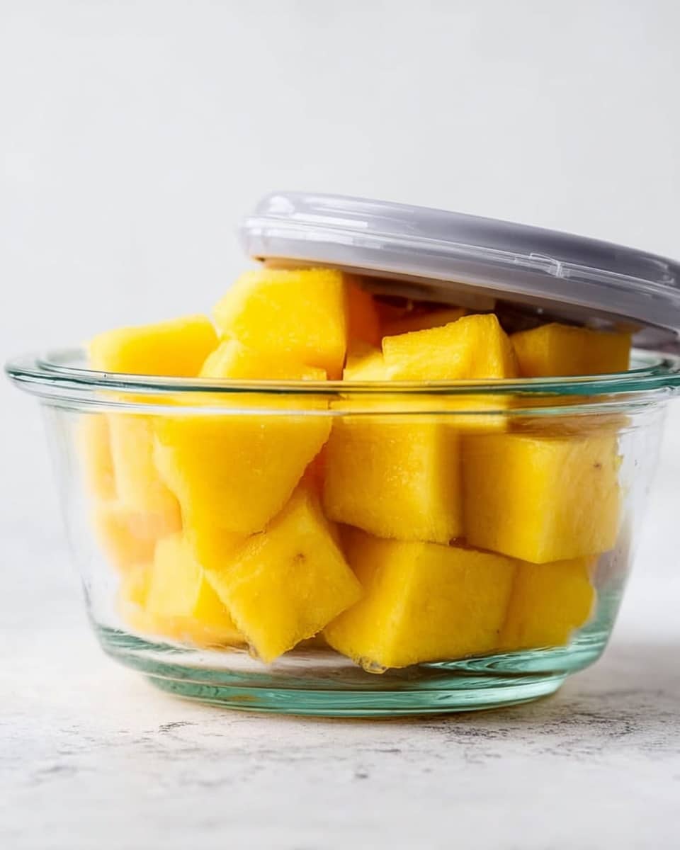 A clear glass bowl filled with bright yellow, square-shaped pieces of fruit stacked inside. The bowl has a soft gray lid placed on top, fitting snugly. The bowl sits against a white marbled surface and a soft white background, highlighting the vibrant color of the fruit pieces. photo taken with an iphone --ar 4:5 --v 7