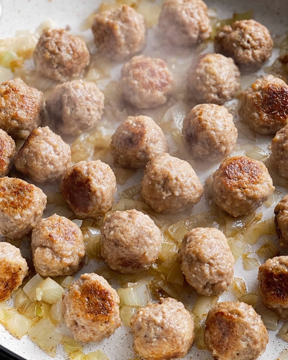 In this image, there are many small round meatballs with a light brown, slightly rough texture, spread across a white pan. Around and under the meatballs, there are small pieces of cooked onion that are translucent with some browned edges, adding a soft yellow and light brown touch to the scene. The pan surface shows some browned spots where the food is cooked, and faint steam rises gently above the meatballs, giving a warm, fresh-cooked feeling. The overall colors are mainly light brown, white, and soft yellow on a white marbled textured surface visible at the sides. Photo taken with an iphone --ar 4:5 --v 7
