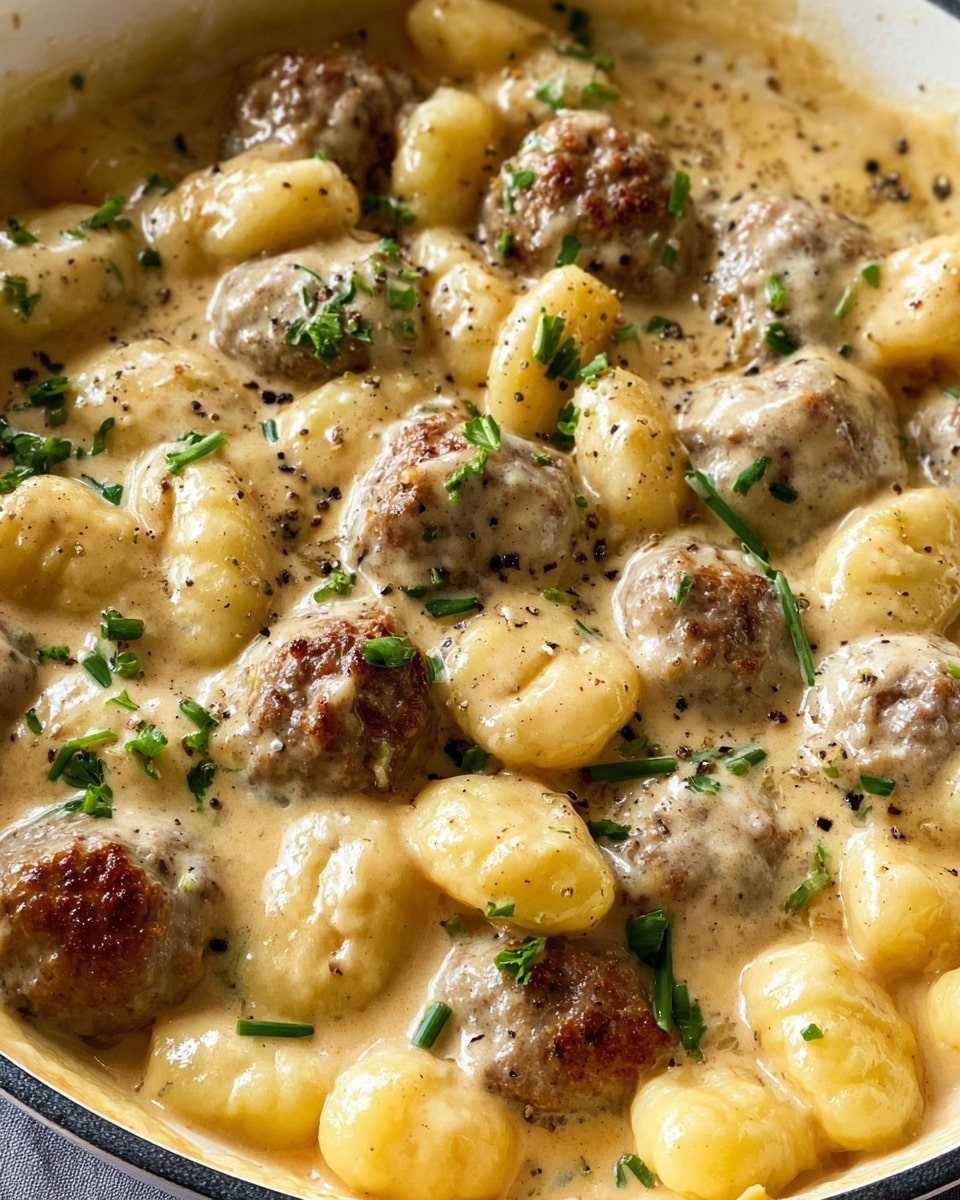 A close-up view of a creamy dish in a white pan, showing small round brown meatballs mixed with soft, plump yellow gnocchi coated in a thick light beige sauce. The sauce looks smooth and rich, covering all the pieces evenly. Small green herb pieces, including parsley and chives, are scattered on top, adding fresh color. Black pepper specks lightly dust the dish, enhancing the texture contrast. The image is vibrant and inviting, with the creamy sauce clinging to each gnocchi and meatball, giving a warm and comforting feel. photo taken with an iphone --ar 4:5 --v 7
