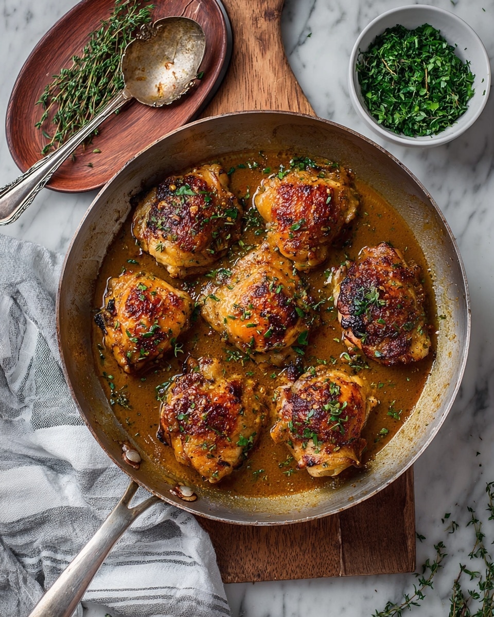 A round metal pan holds seven golden-brown cooked chicken pieces arranged closely, each with crispy, slightly charred skin and sprinkled with green herbs. The chicken sits in a rich, brown sauce that fills the pan base, with a few small sprigs of thyme on top. The pan rests on a wooden board, partly covered by a grey cloth with white stripes. To the left, a wooden plate holds a vintage silver spoon with sauce on it, and small bundles of fresh thyme lie nearby. On the right side, a white bowl filled with chopped green herbs adds a pop of color, all placed on a white marbled surface. Photo taken with an iphone --ar 4:5 --v 7
