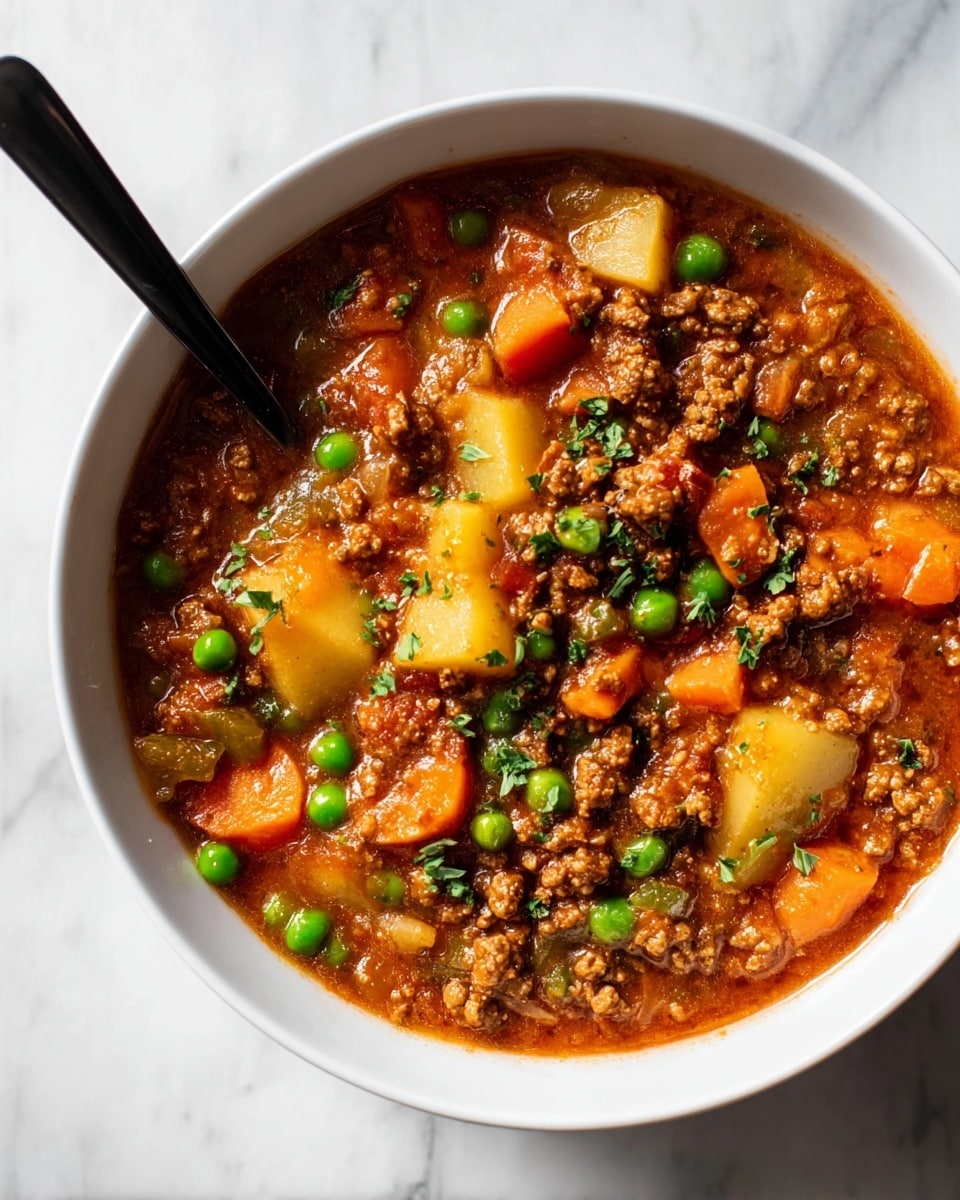 The image shows a white bowl filled with a thick stew containing four main layers of ingredients all mixed together: light brown minced meat forming a chunky base, orange carrot slices and yellow potato chunks scattered throughout, bright green peas adding pops of color, and small pieces of fresh green herbs sprinkled on top. The stew has a rich, reddish-brown sauce that slightly shines under the light. A black spoon rests inside the bowl on the left side, partially submerged in the stew. The bowl sits on a white marbled surface. Photo taken with an iphone --ar 4:5 --v 7
