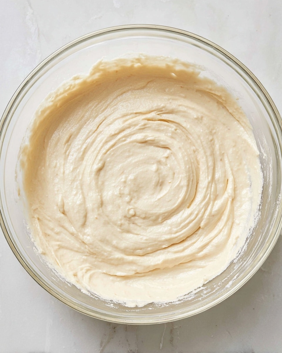 A clear glass bowl sits on a white marbled surface, filled with a single thick layer of creamy batter. The batter is light beige with a smooth, slightly textured surface that swirls gently in soft, circular motions. The edges show a touch of thickness where it meets the glass bowl, creating a subtle gradient of color from pale beige in the center to a slightly deeper tone near the sides. photo taken with an iphone --ar 4:5 --v 7