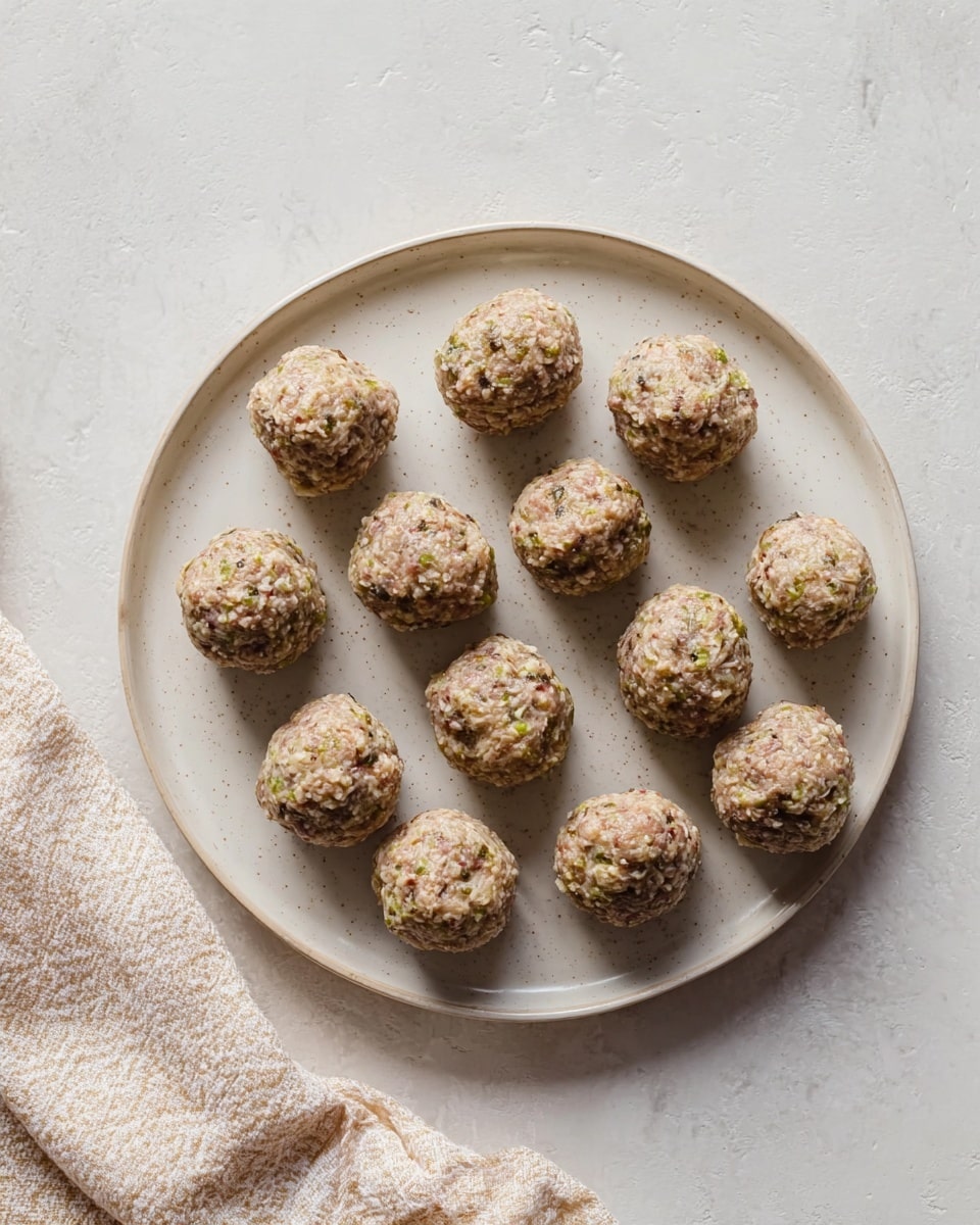 A round white speckled plate holds fourteen raw meatballs evenly spaced, each ball rough-textured with small bits of white and green visible inside, giving them a slightly uneven and homemade look. The plate is placed on a white marbled surface with a light beige patterned cloth partly shown on the lower left side. The overall color palette is soft and neutral with warm beige and light green tones in the meatballs, set against the calm white and speckled white background. photo taken with an iphone --ar 4:5 --v 7