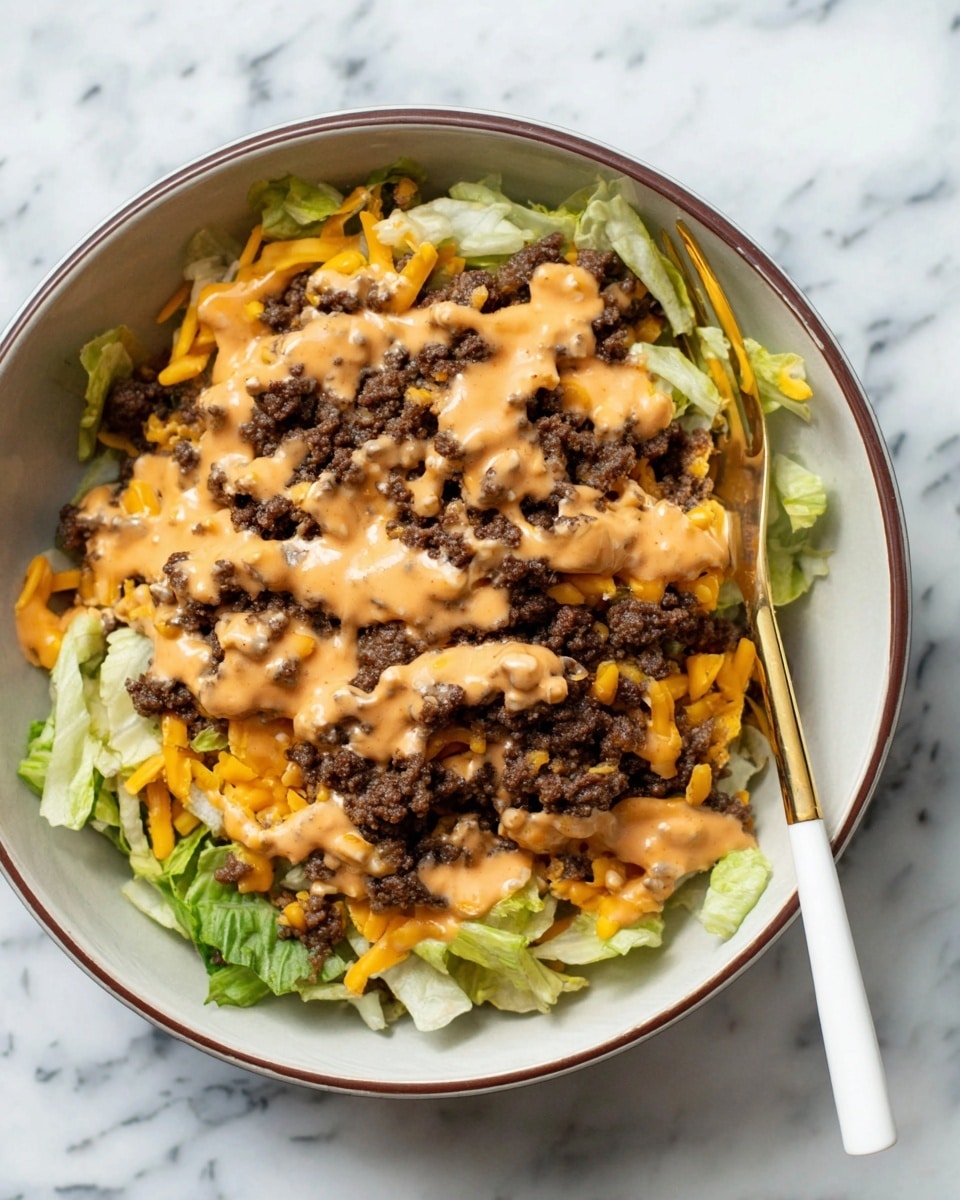 The dish is served in a white bowl with a brown rim placed on a white marbled surface. The bottom layer is shredded pale green lettuce, spread evenly across the bowl. On top of the lettuce is a layer of cooked ground beef, dark brown in color with a crumbly texture. Over the beef, there are scattered pieces of shredded orange cheddar cheese. The final layer is smooth, light orange sauce drizzled generously over the beef and cheese. A gold fork with a white handle rests on the left inside edge of the bowl. Photo taken with an iphone --ar 4:5 --v 7