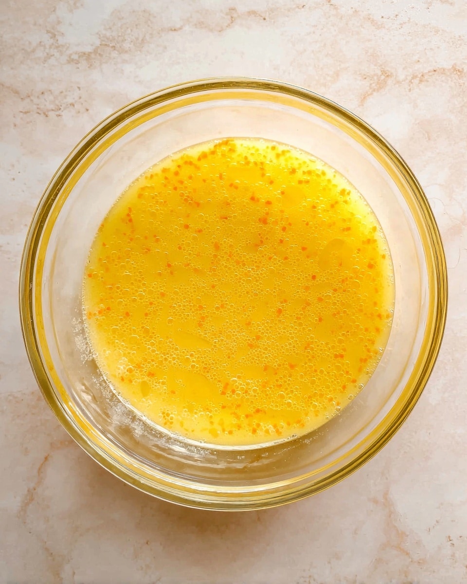 A clear glass bowl sits on a white marbled surface, filled with a yellow liquid mixture that has small orange specks spread evenly throughout. The mixture appears smooth, with a few visible bubbles on the surface, giving it a light, airy feel. The bowl is round and transparent, allowing a full view of the contents inside. photo taken with an iphone --ar 4:5 --v 7