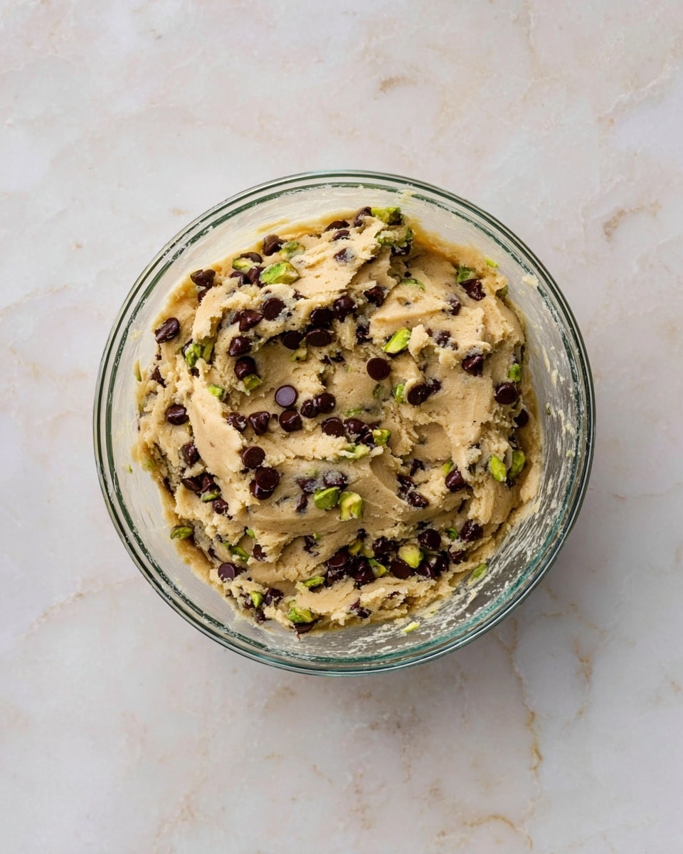 A clear glass bowl filled with thick, pale beige cookie dough mixed with small dark brown chocolate chips and some greenish nuts, all evenly spread throughout the dough. The dough looks soft and slightly textured. The bowl sits on a white marbled surface, with no other objects around, shown from a top view. photo taken with an iphone --ar 4:5 --v 7