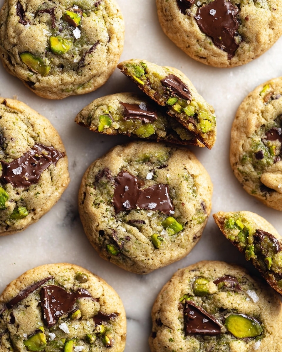 A close-up view of seven round cookies on a white marbled surface, each cookie is light golden brown with a slightly rough texture and visible chunks of dark brown chocolate and bright green pistachio pieces embedded throughout. The cookies appear soft and thick, with one cookie broken in half showing a creamy, smooth green pistachio filling inside that looks melted and shiny. Small salt flakes are sprinkled on the surface of some cookies, adding a slight contrast to the colors. photo taken with an iphone --ar 4:5 --v 7