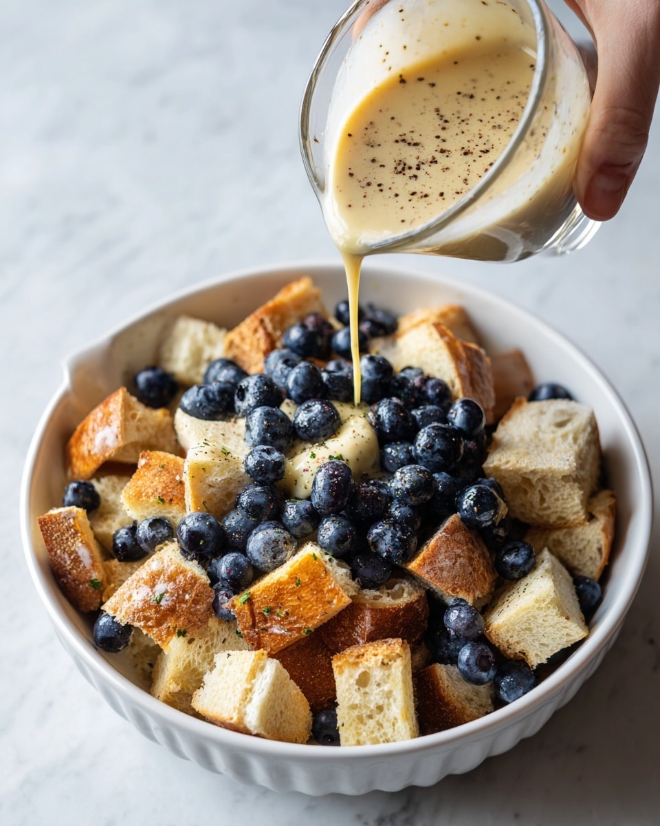 A white ceramic dish filled with two layers of cubed bread pieces, some toasted golden brown and some soft white, mixed with scattered fresh blueberries throughout. A clear glass bowl with a creamy, light brown liquid speckled with dark tiny spices is held by a woman's hand, pouring the mixture over the bread and fruit. The scene is set on a white marbled surface, showing the texture of the bread and the smooth, shiny blueberries clearly. Photo taken with an iphone --ar 4:5 --v 7