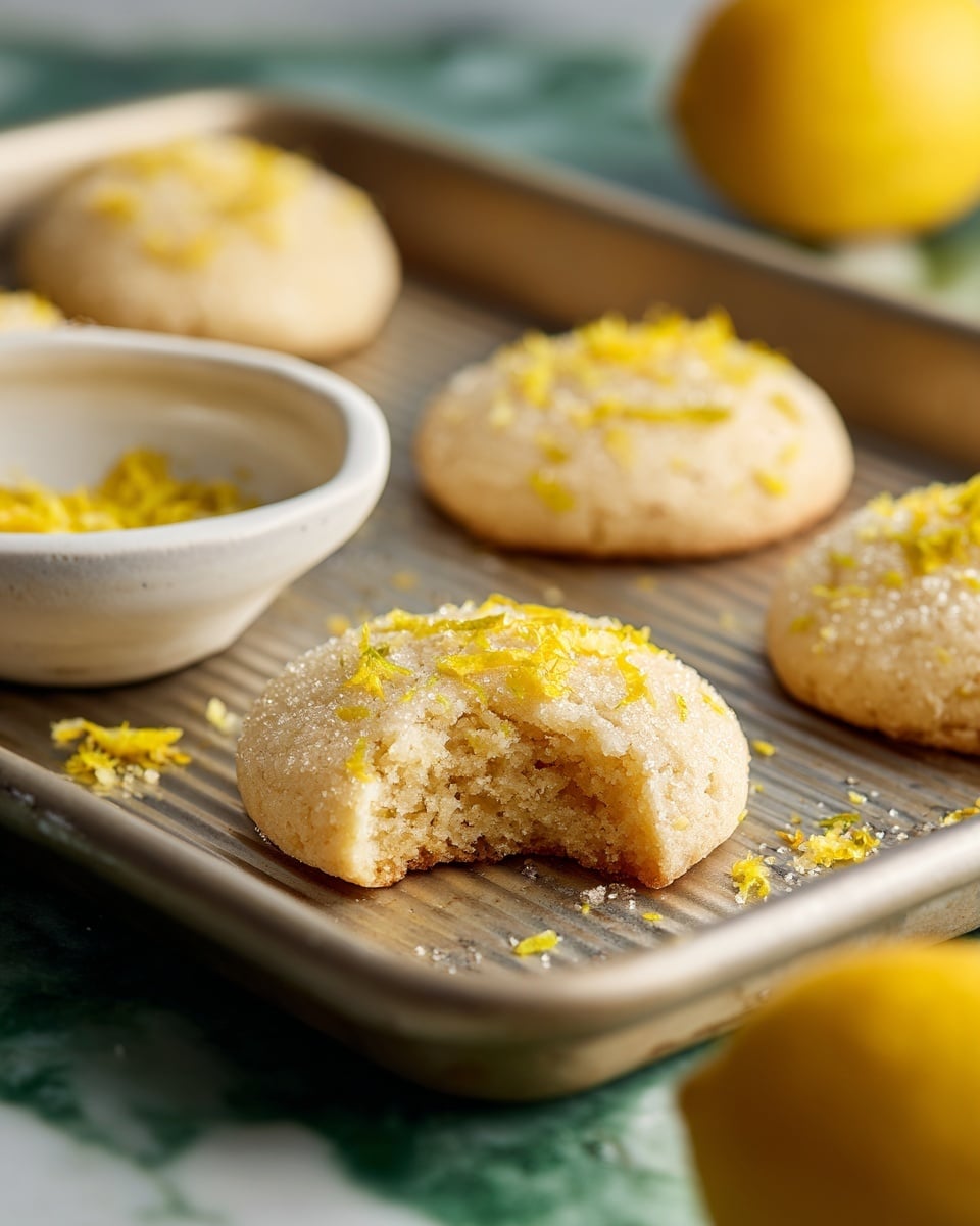 A close-up view of a round, light beige cookie with a sugary coating sprinkled on top, placed on a baking tray with ridges. The cookie has bright yellow lemon zest scattered over it and a bite taken from the upper left side. Nearby, there is a white bowl filled with more lemon zest, and the corner of a whole lemon is visible on the right side. The baking tray rests on a greenish marble surface. photo taken with an iphone --ar 4:5 --v 7