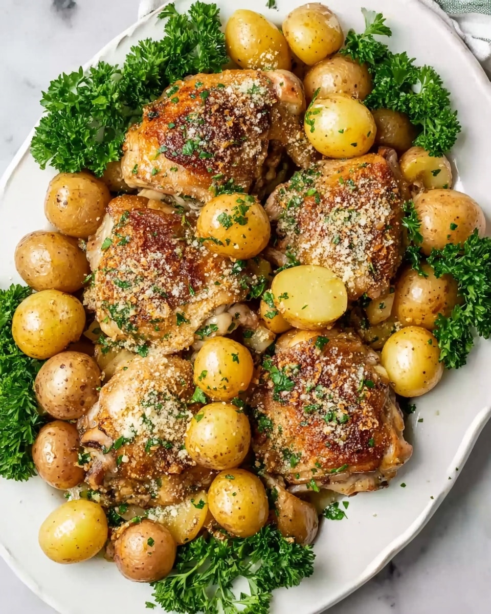 The dish shows a white plate filled with five browned chicken thighs placed unevenly across the plate. Around and between the chicken thighs, there are many small golden and light brown baby potatoes with a smooth surface. The chicken thighs have a slightly crispy texture on top and are sprinkled with chopped green herbs and a light dusting of grated cheese. Clusters of fresh, bright green parsley are arranged at the sides and in gaps among the chicken and potatoes. The whole plate sits on a white marbled surface. photo taken with an iphone --ar 4:5 --v 7