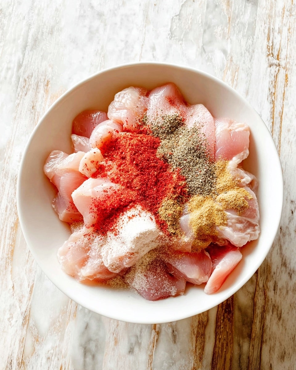 A white bowl is filled with raw pink chicken pieces that form the base layer. On top of the chicken, there is a mix of colorful spices spread unevenly, including a bright red spice, a beige-yellow powder, and a light black seasoning. The bowl sits on a white marbled surface that has light gray and beige veins running through it. The image is lit naturally, showing the soft texture of the chicken and the fine, powdery texture of the spices photo taken with an iphone --ar 4:5 --v 7