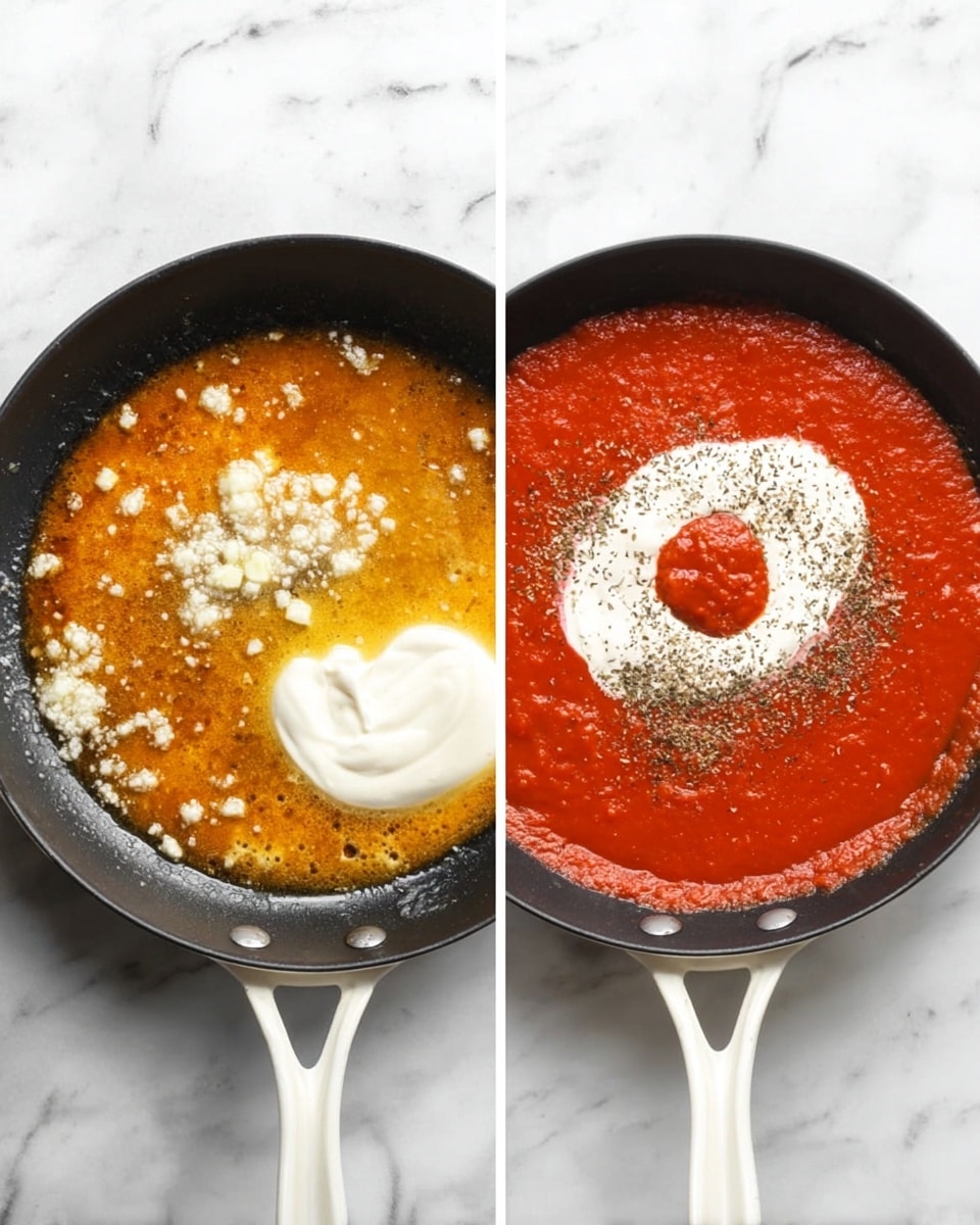 Two images of a round black pan on a white marbled surface with a white handle. In the first image, the pan holds melted butter that is yellow with small white garlic pieces scattered in the center. In the second image, the pan contains the butter around the edges with a thick layer of smooth red tomato sauce covering most of the pan. On top of the sauce, there is a white dollop of cream on the left side, a smaller red dollop of tomato paste inside the white dollop, and sprinkled brownish herbs on the right side. Photo taken with an iphone --ar 4:5 --v 7