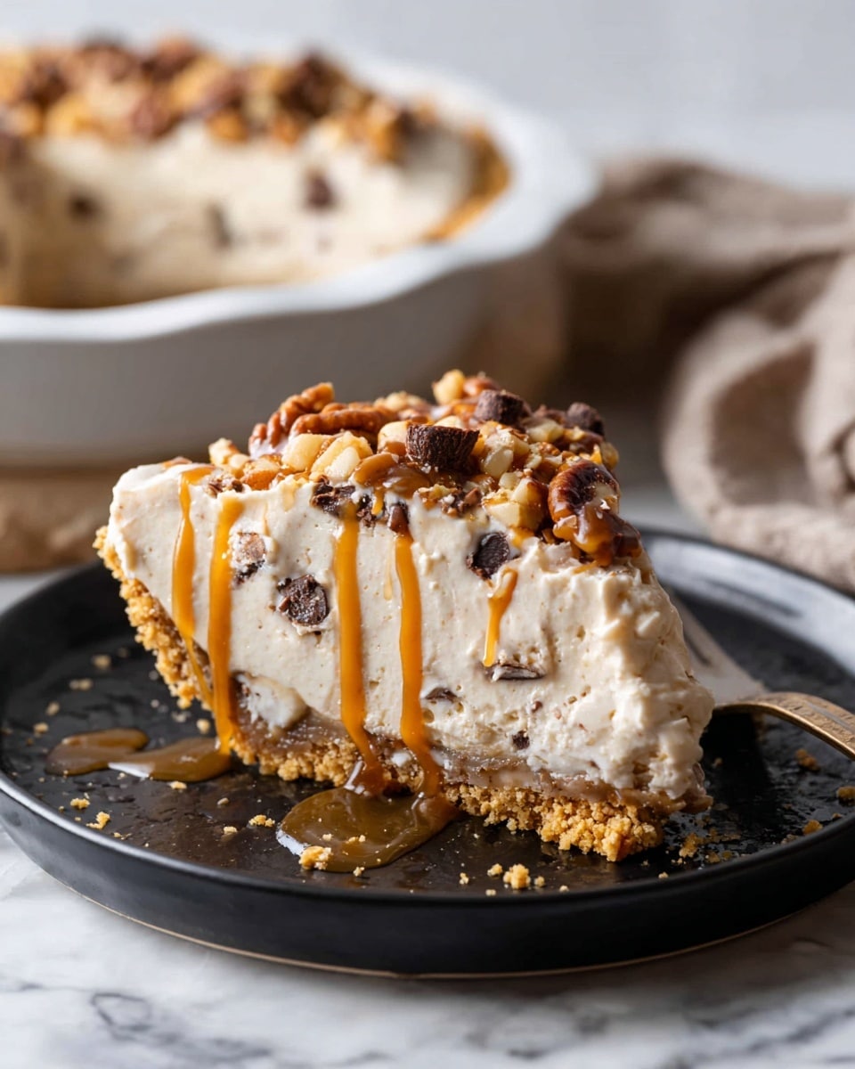 A slice of creamy pie with three visible layers: a golden crumbly crust at the bottom, a thick light beige filling mixed with small dark chocolate pieces in the middle, and a thick creamy white top layer sprinkled with larger chunks of chocolate and nuts. Caramel sauce drips down over the top and sides of the pie slice, pooling slightly on the black plate underneath. The background shows more pie in a white dish, placed on a white marbled surface, with a hint of a beige cloth on the side. Photo taken with an iphone --ar 4:5 --v 7
